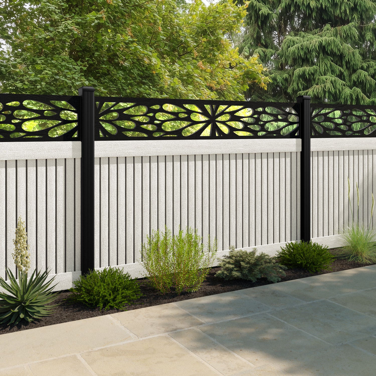 Virtis Blossom Fence Panel - Light Stone - with our aluminium posts