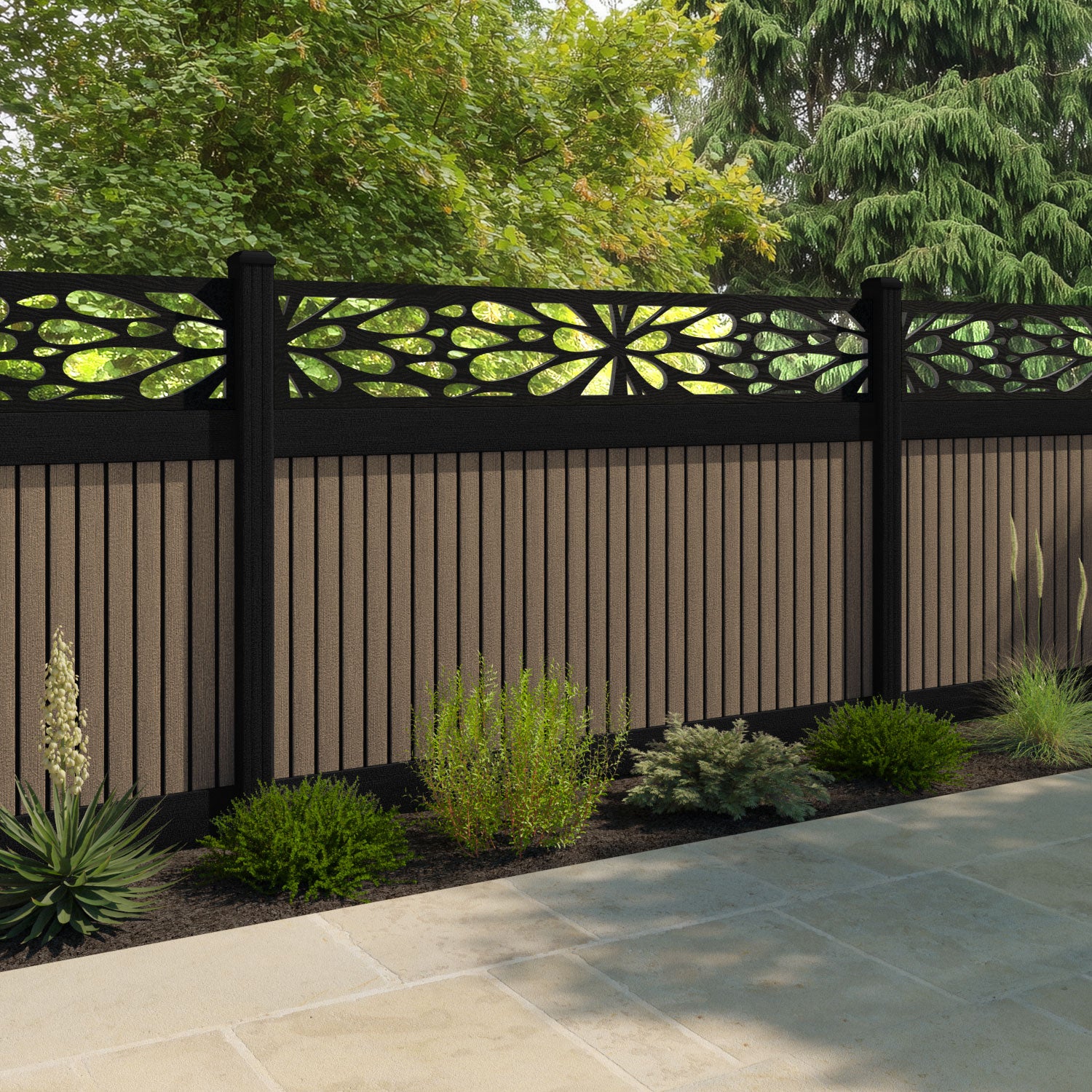 Virtis Blossom Fence Panel - Teak - with our aluminium posts