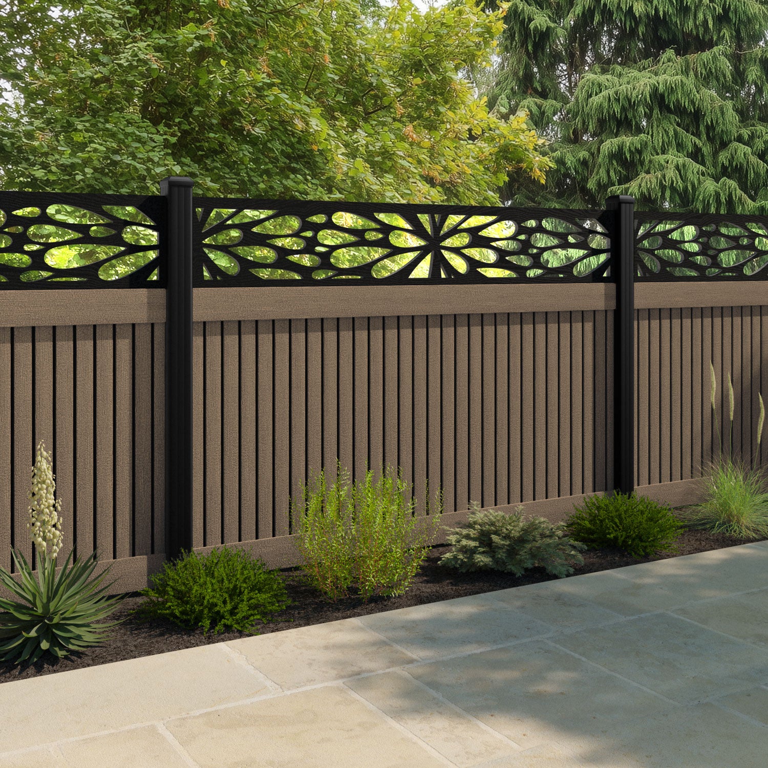 Virtis Blossom Fence Panel - Teak - with our aluminium posts