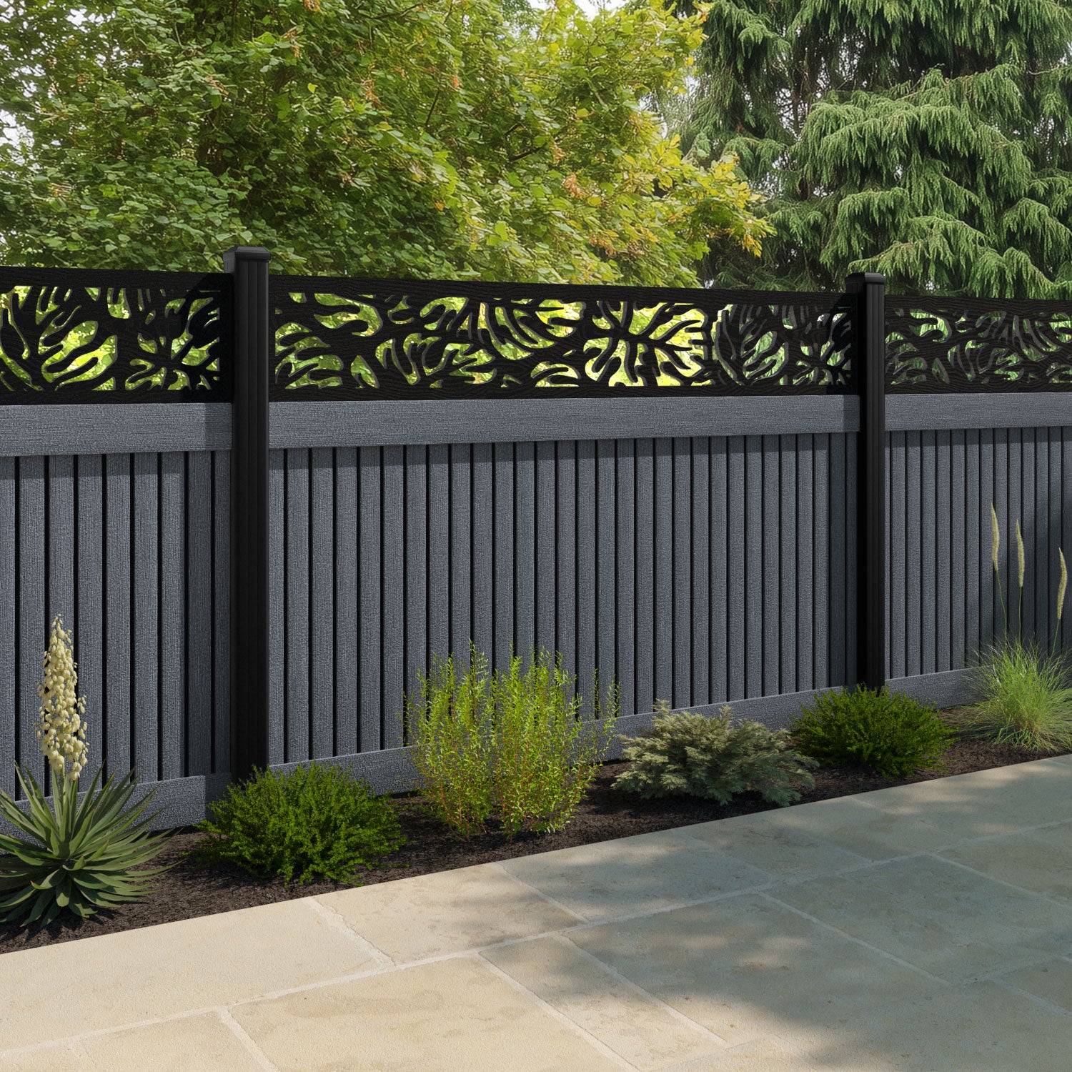 Virtis Botanic Fence Panel - Anthracite - with our aluminium posts