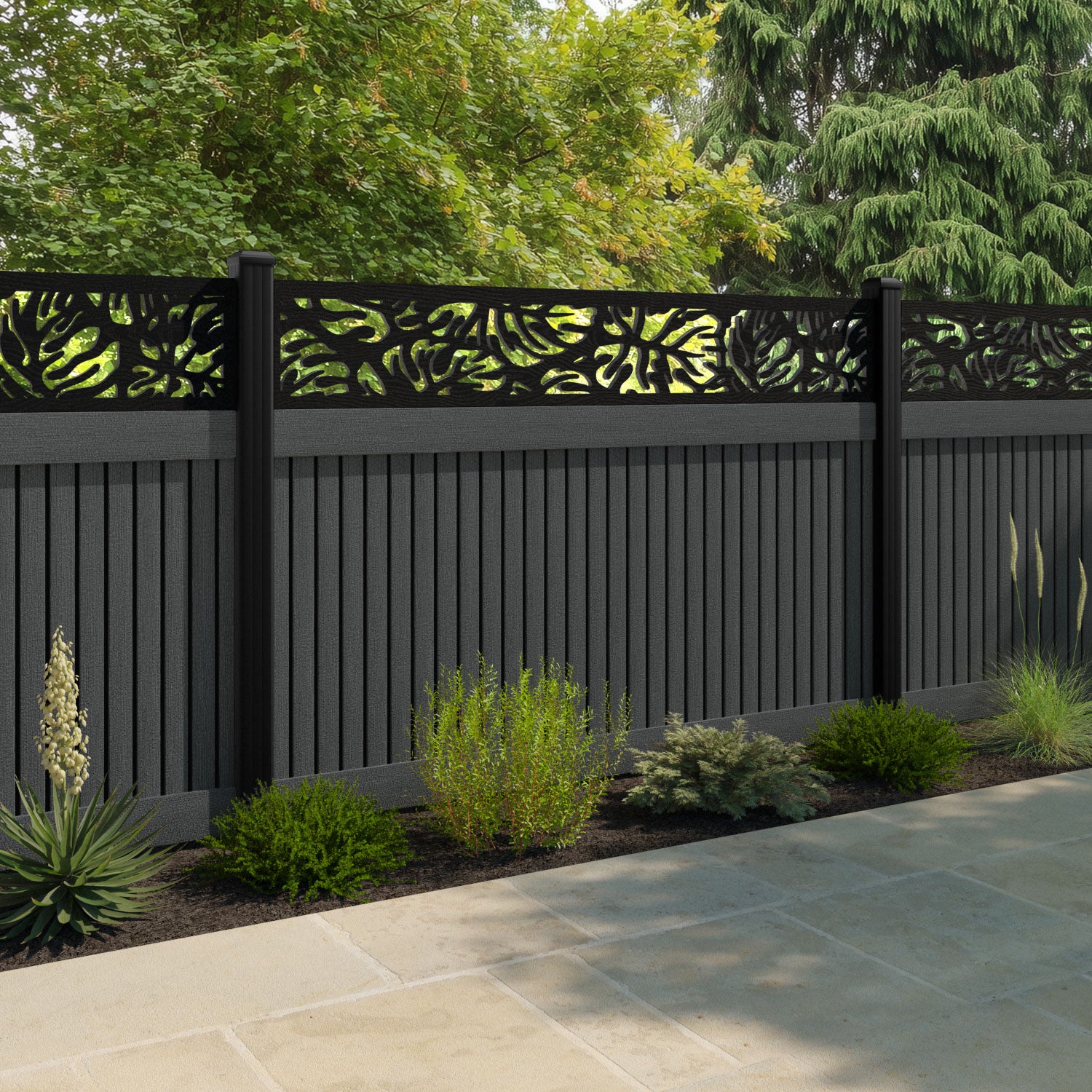 Virtis Botanic Fence Panel - Dark Grey - with our aluminium posts