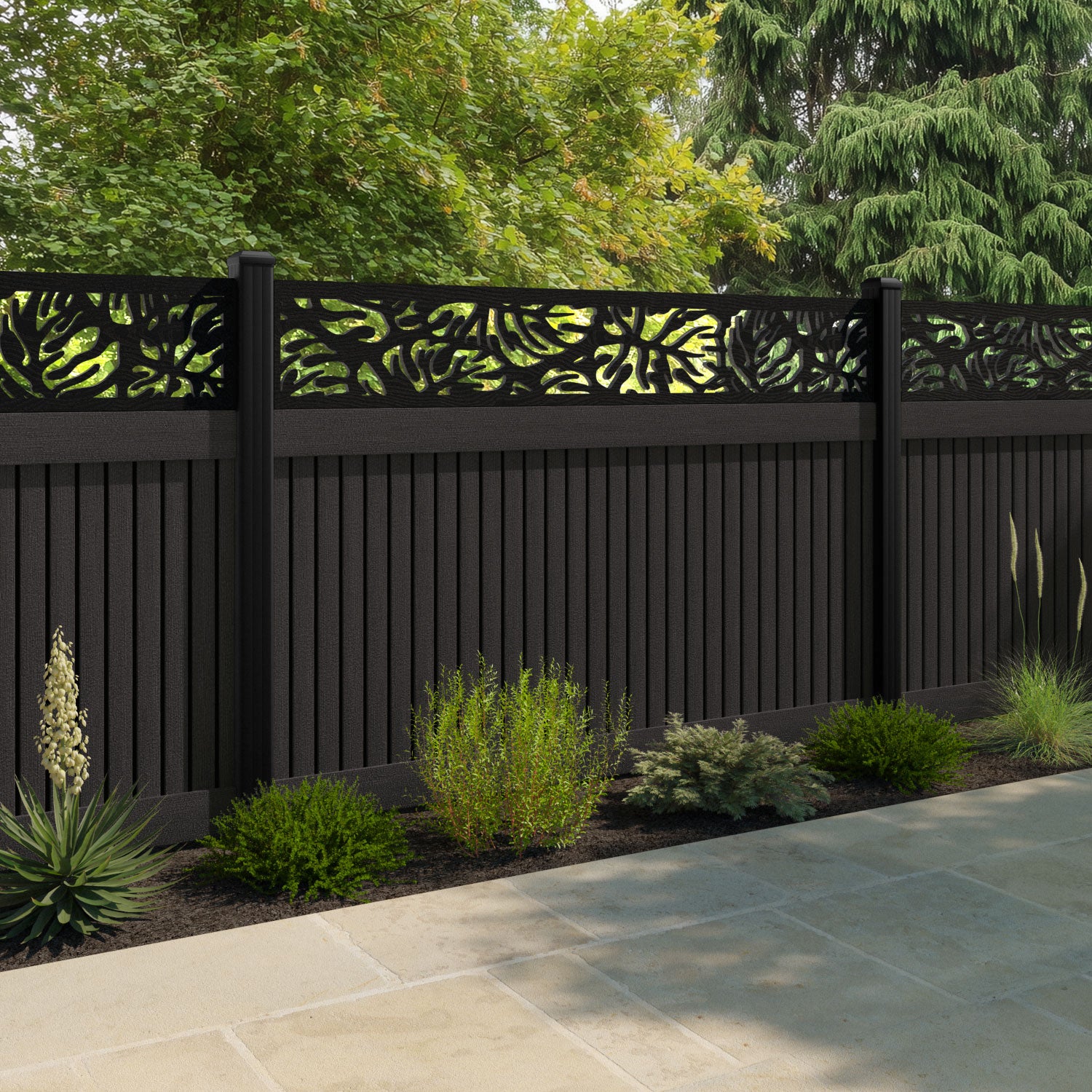 Virtis Botanic Fence Panel - Dark Oak - with our aluminium posts