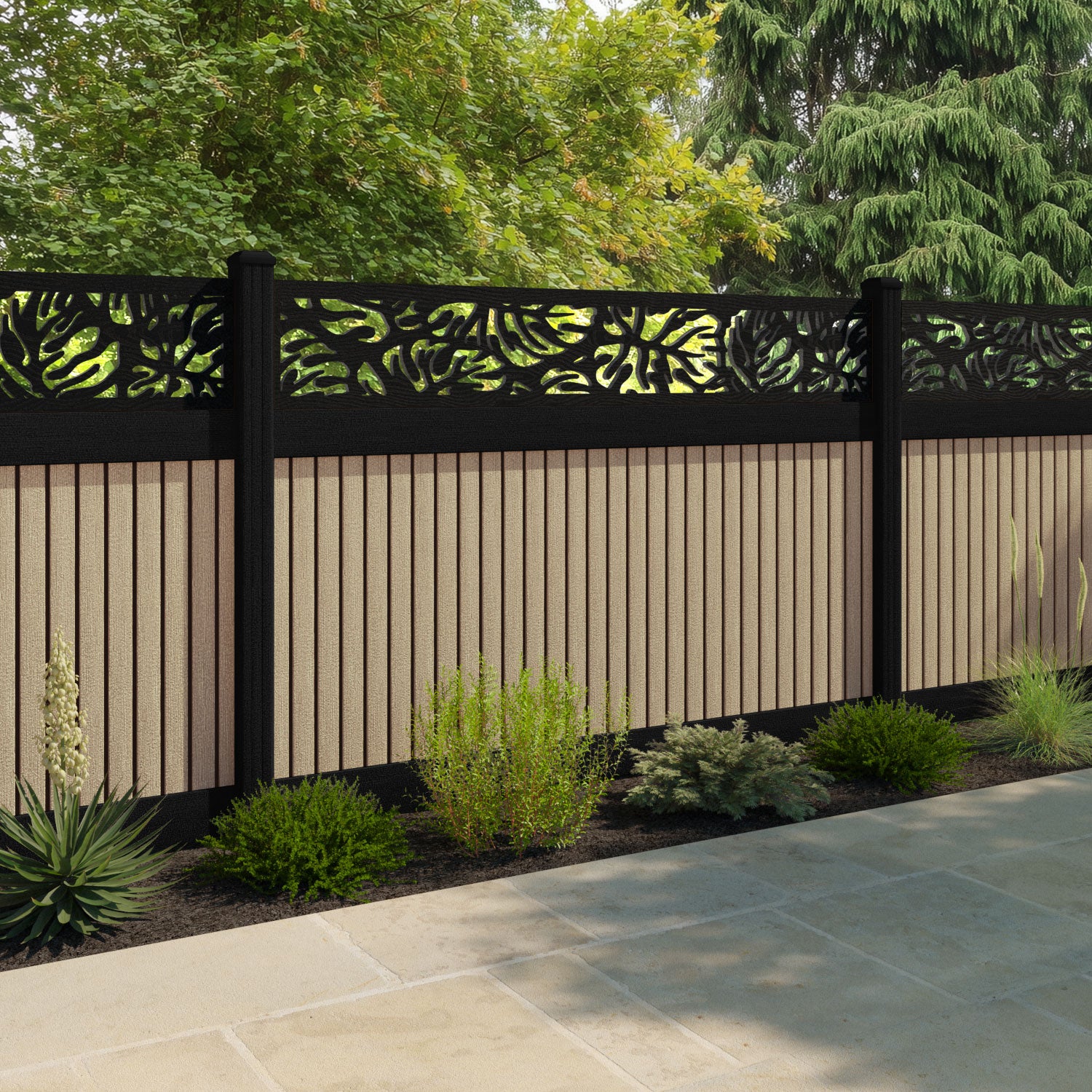 Virtis Botanic Fence Panel - Light Oak - with our aluminium posts