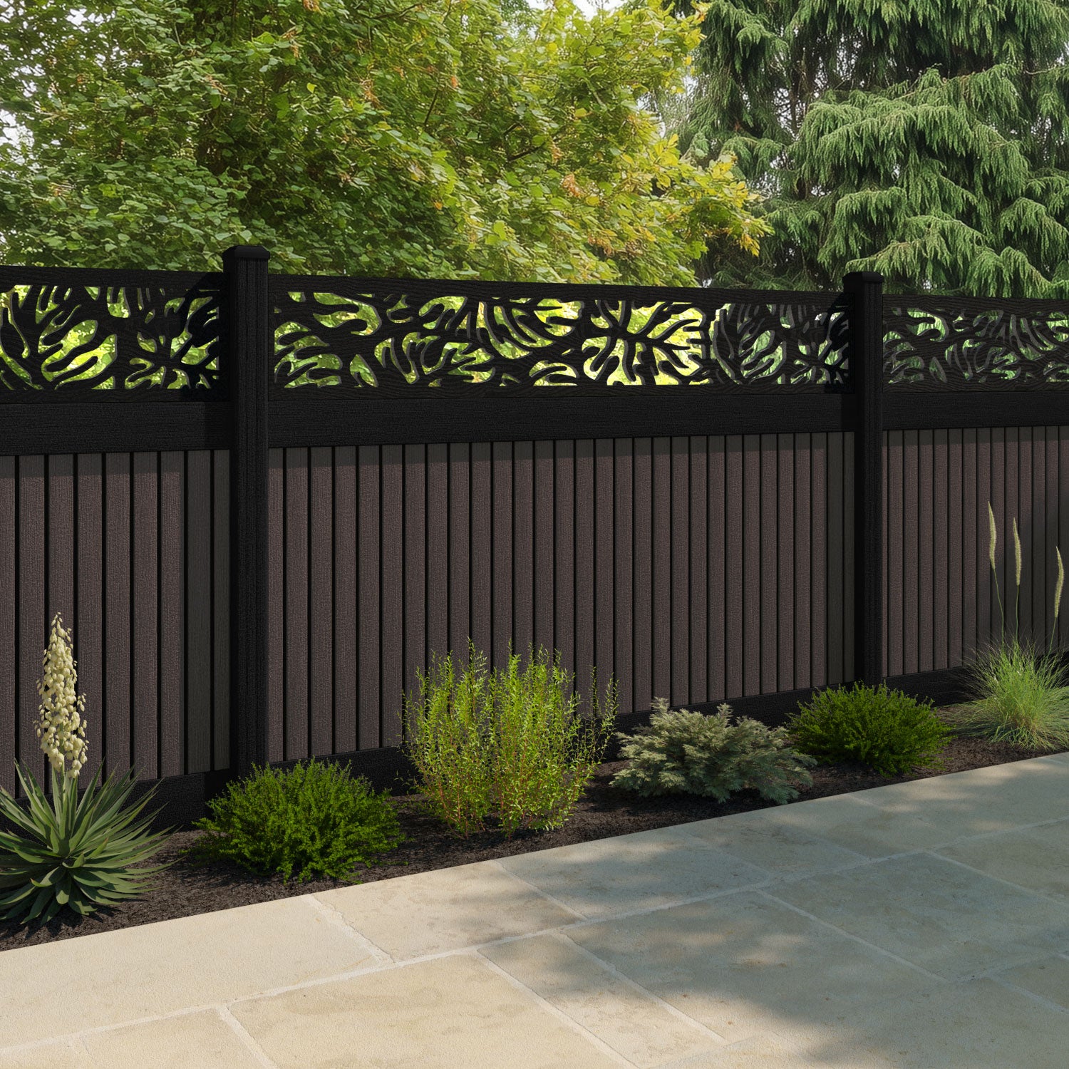 Virtis Botanic Fence Panel - Mid Brown - with our aluminium posts