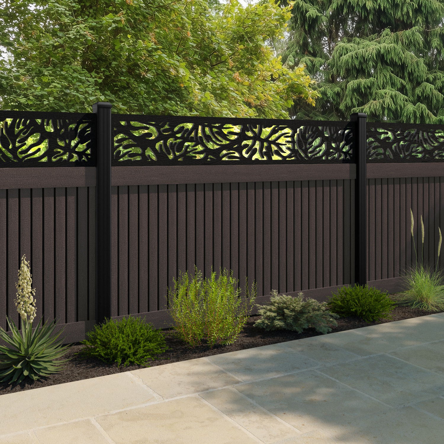 Virtis Botanic Fence Panel - Mid Brown - with our composite posts