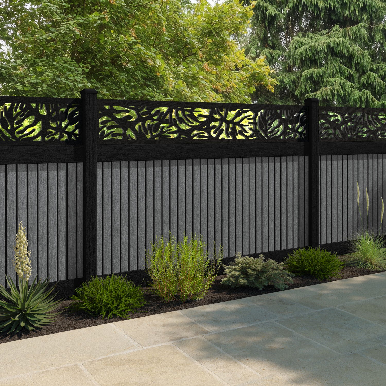 Virtis Botanic Fence Panel - Mid Grey - with our aluminium posts
