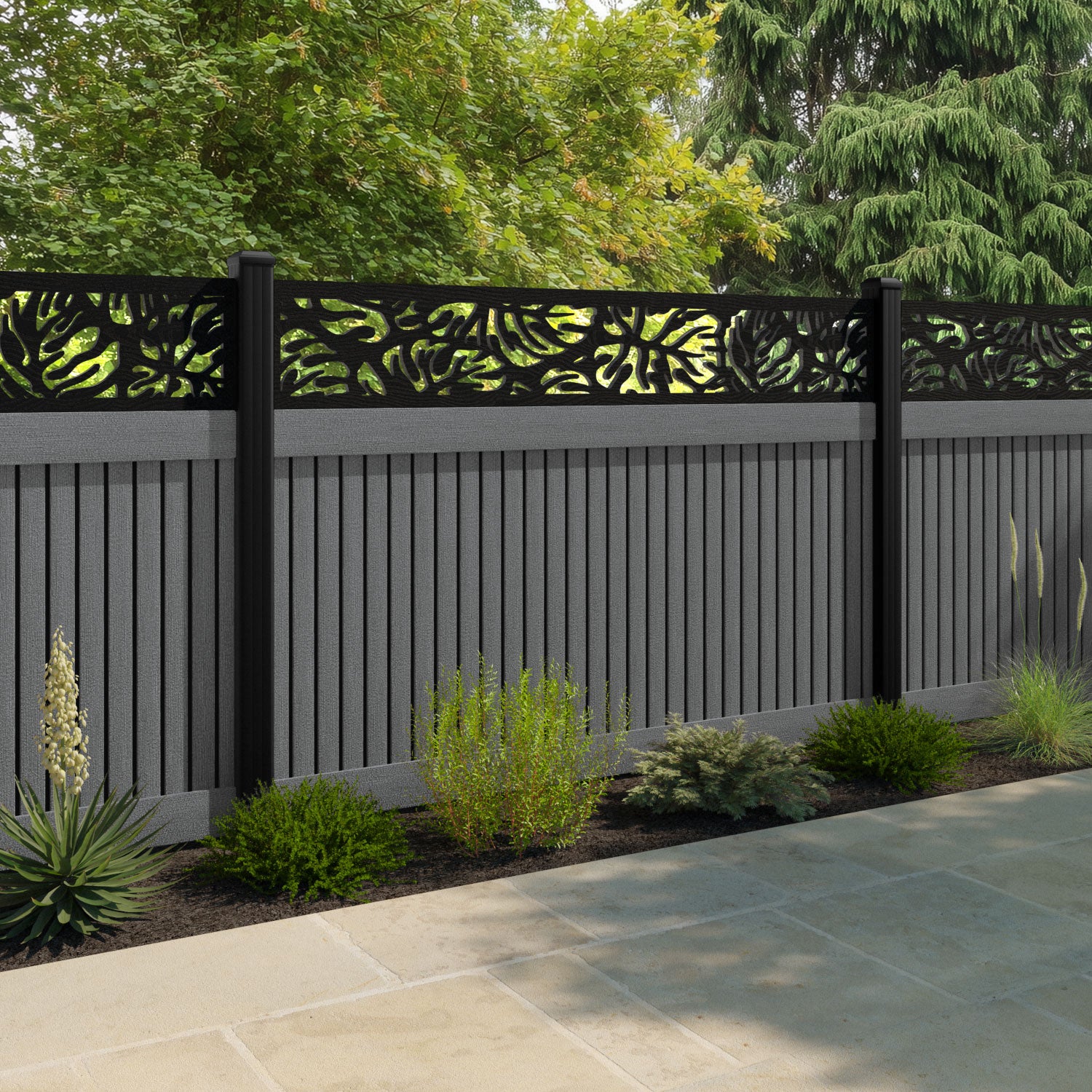 Virtis Botanic Fence Panel - Mid Grey - with our composite posts
