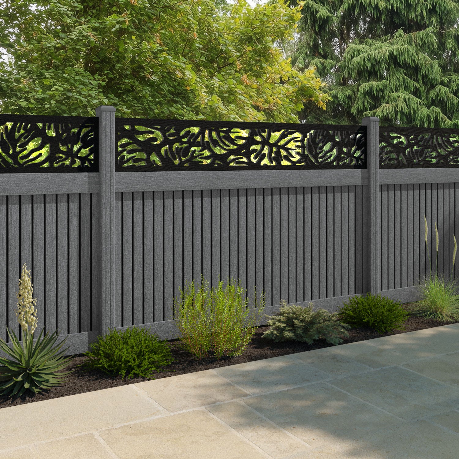 Virtis Botanic Fence Panel - Mid Grey - with our composite posts