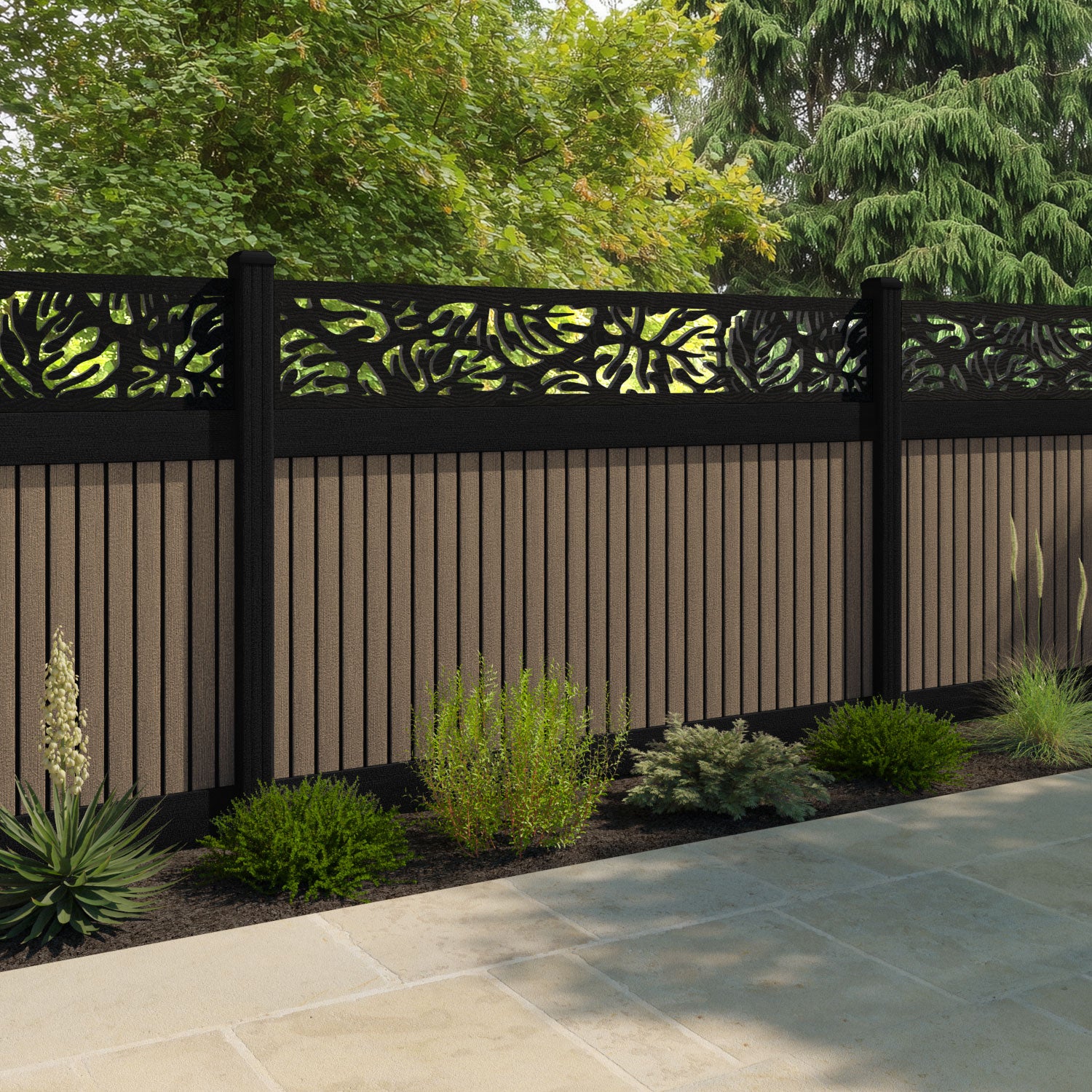 Virtis Botanic Fence Panel - Teak - with our aluminium posts