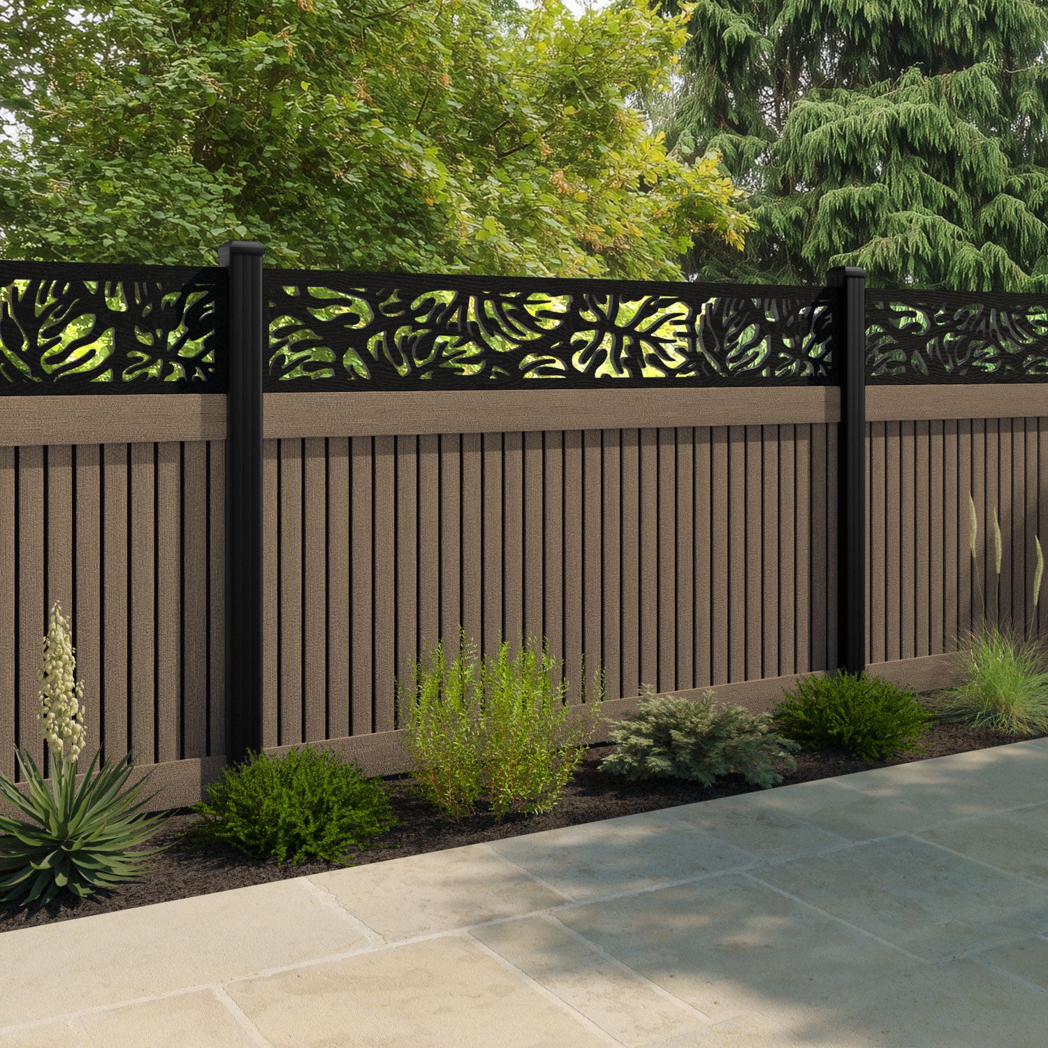 Virtis Botanic Fence Panel - Teak - with our aluminium posts