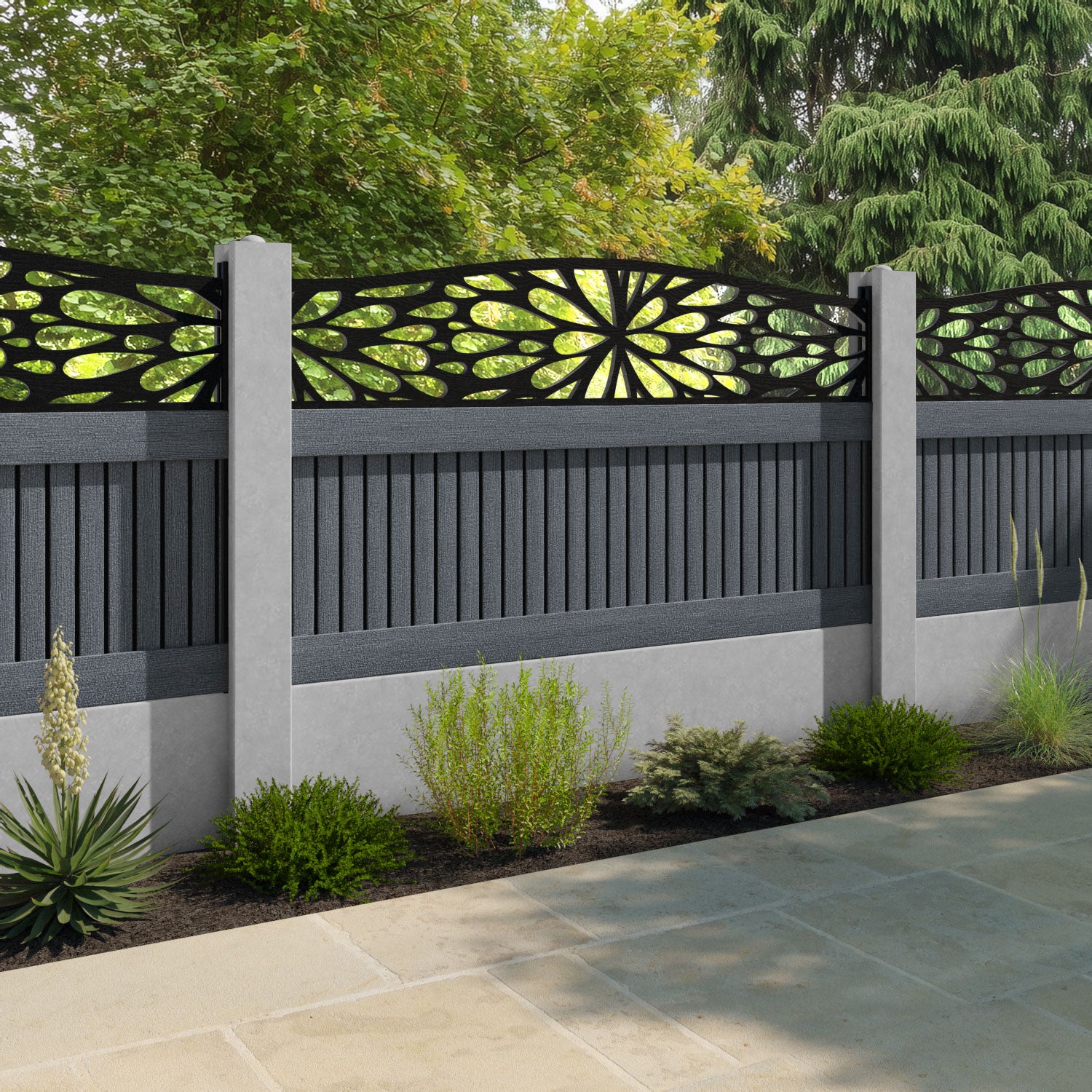 Virtis Blossom Curved Top Fence Panel - Anthracite - for existing concrete posts