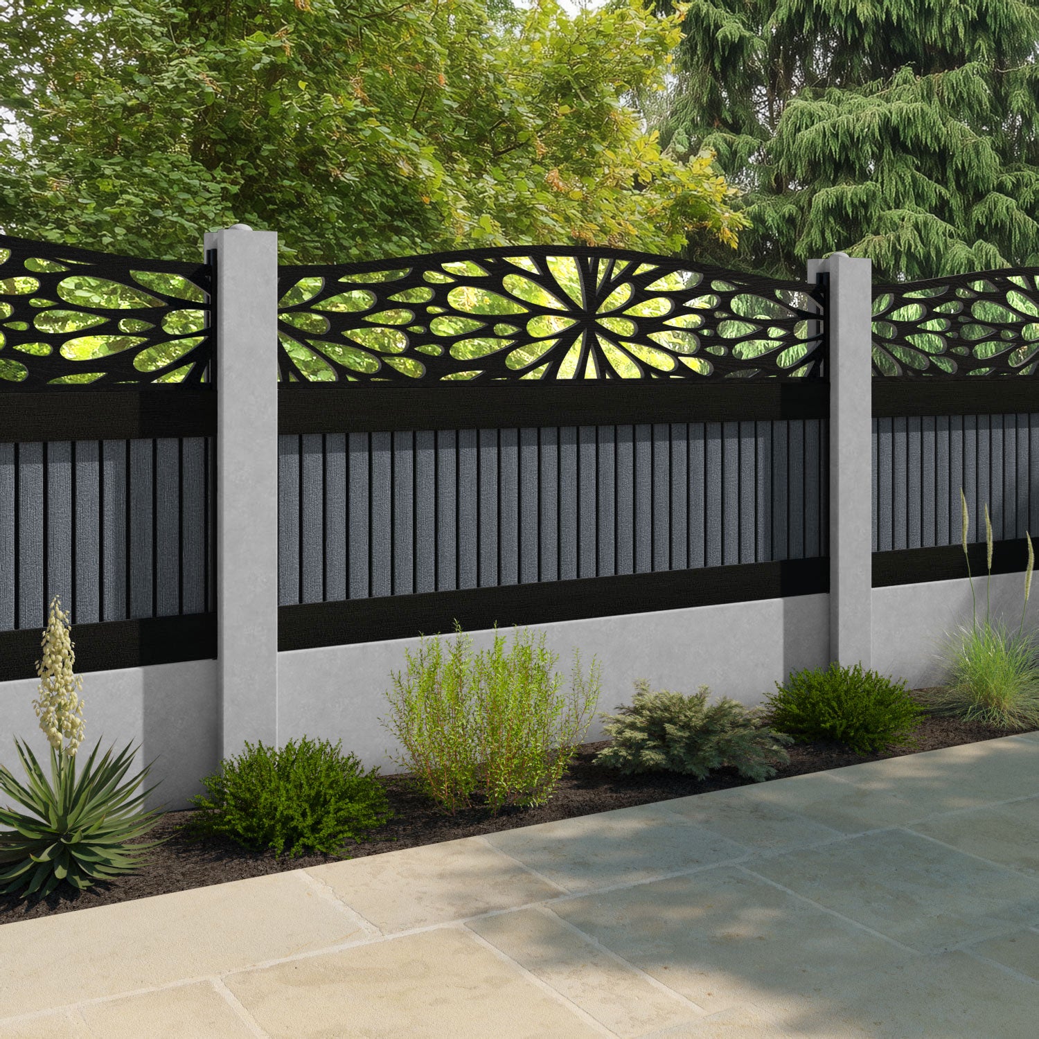 Virtis Blossom Curved Top Fence Panel - Anthracite - for existing concrete posts