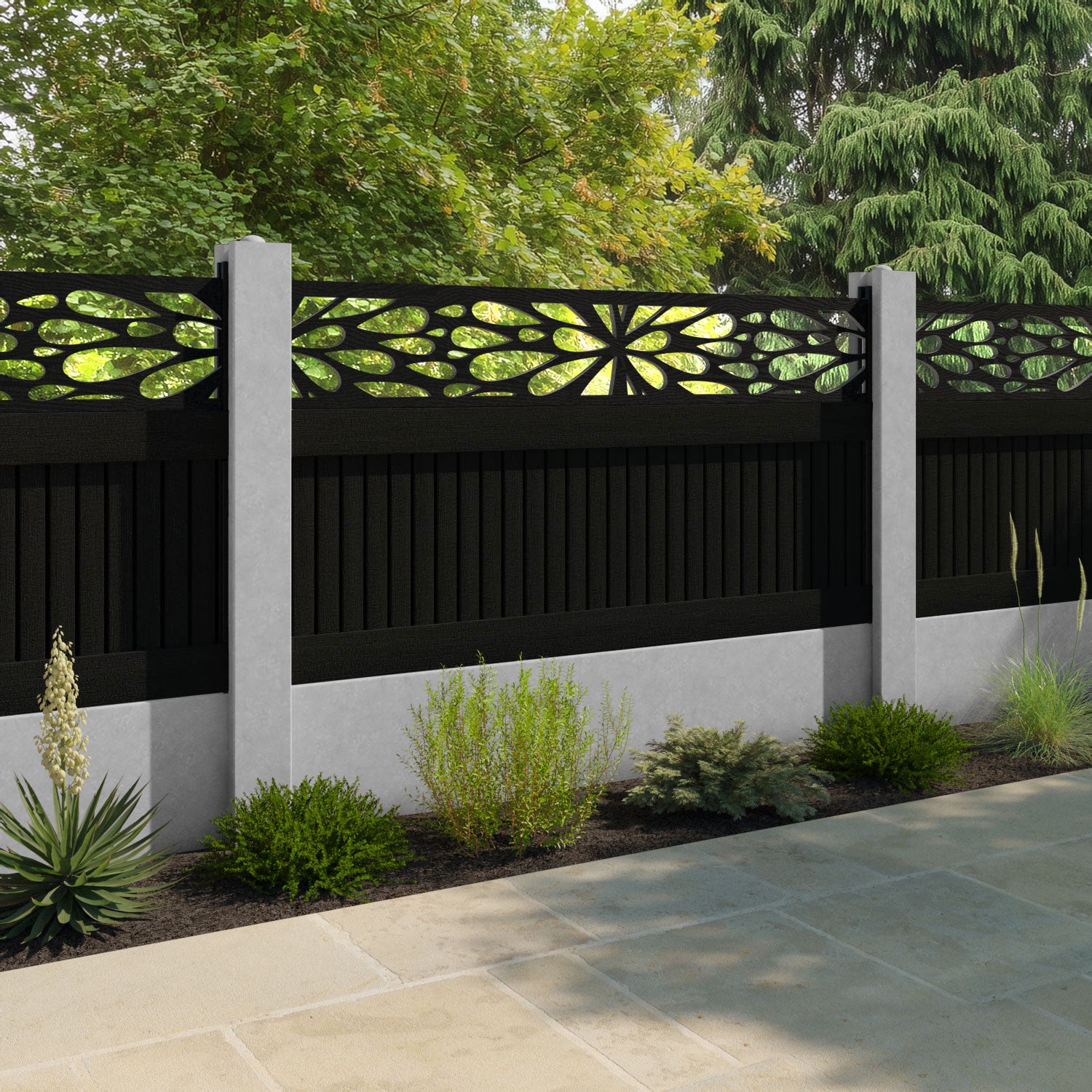 Virtis Blossom Fence Panel - Black - for existing concrete posts