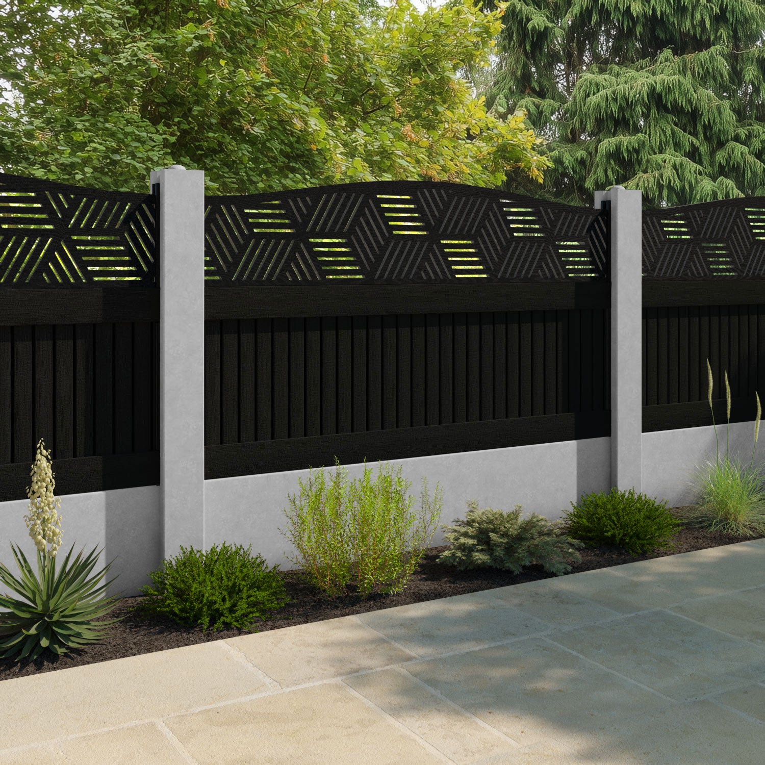 Virtis Cubed Curved Top Fence Panel - Black - for existing concrete posts