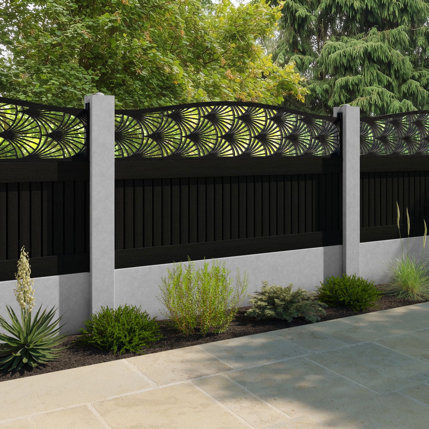 Virtis Laurel Curved Top Fence Panel - Black - for existing concrete posts