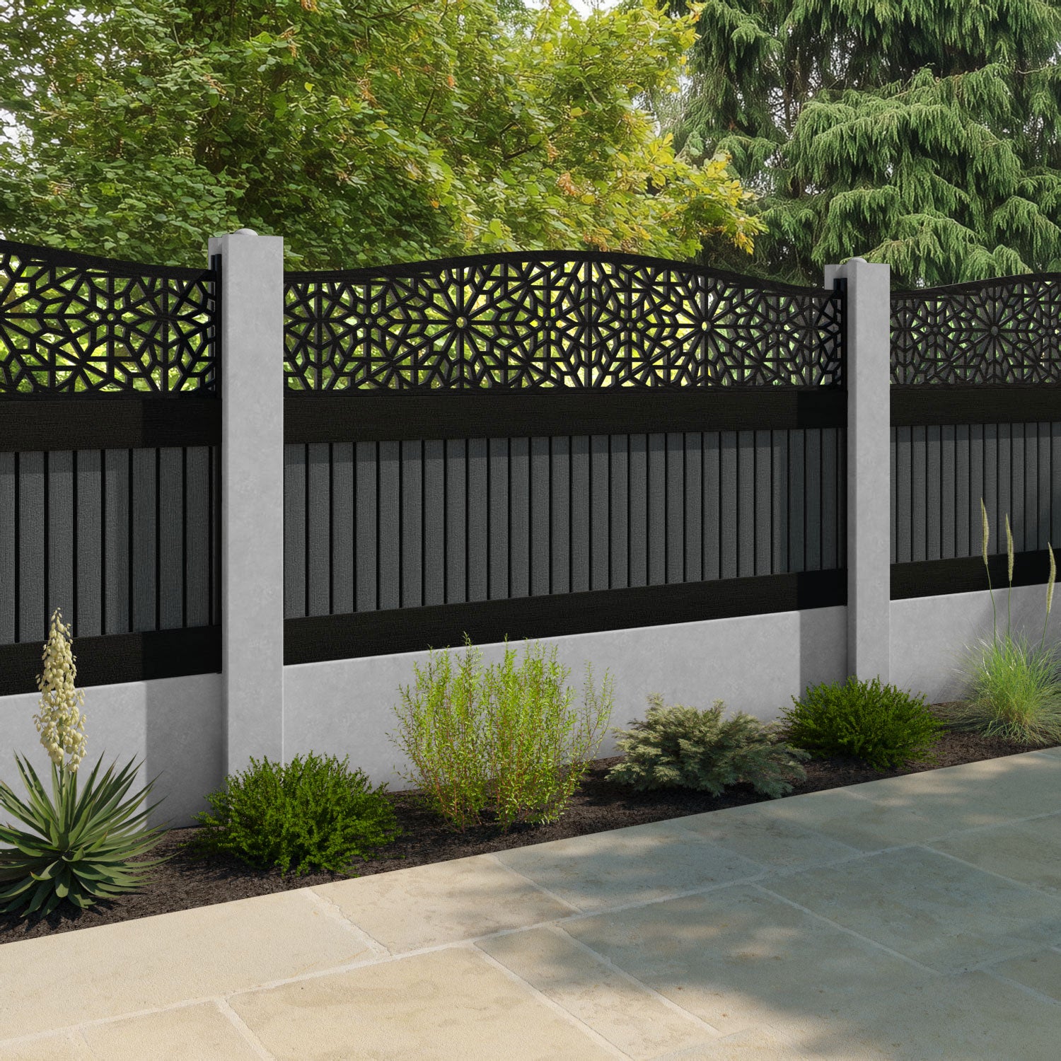 Virtis Alnara Curved Top Fence Panel - Dark Grey - for existing concrete posts