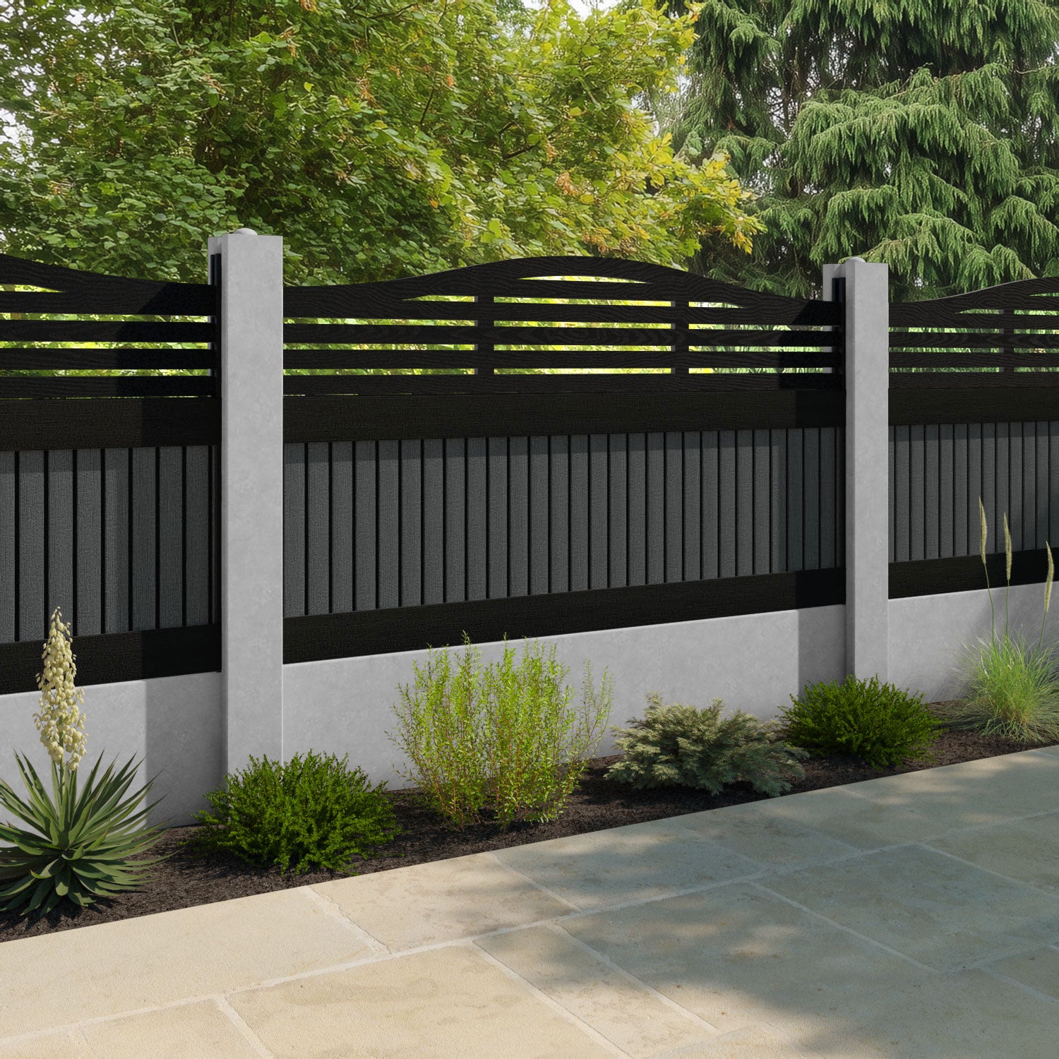 Virtis Aspen Curved Top Fence Panel - Dark Grey - for existing concrete posts