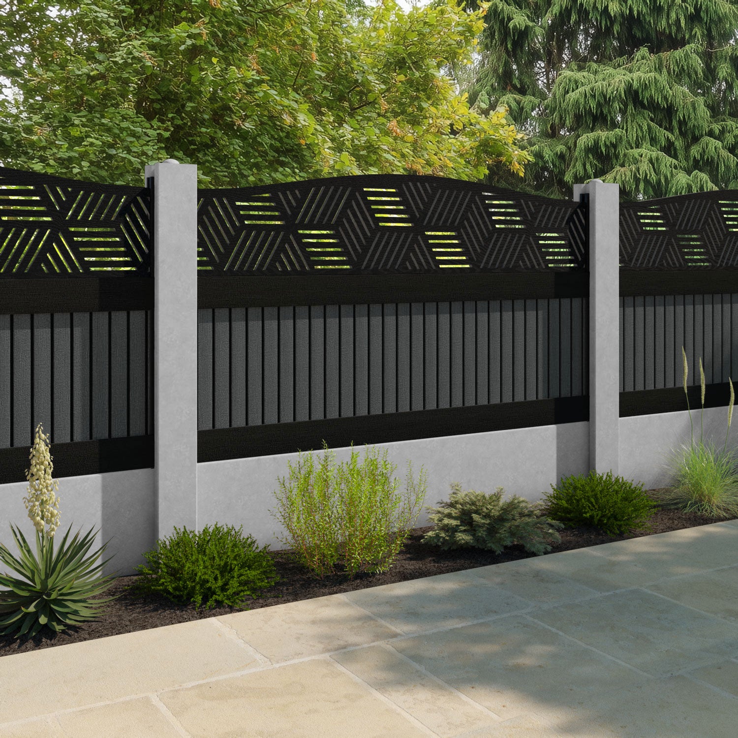 Virtis Cubed Curved Top Fence Panel - Dark Grey - for existing concrete posts