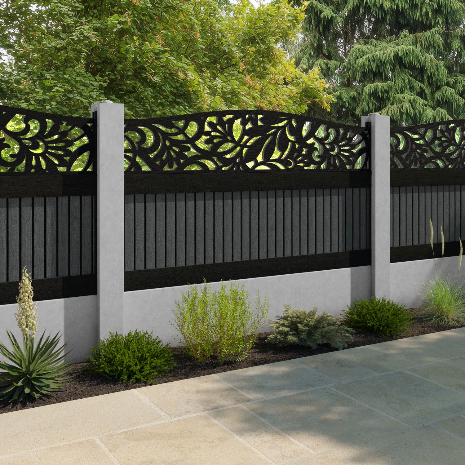 Virtis Heritage Curved Top Fence Panel - Dark Grey - for existing concrete posts