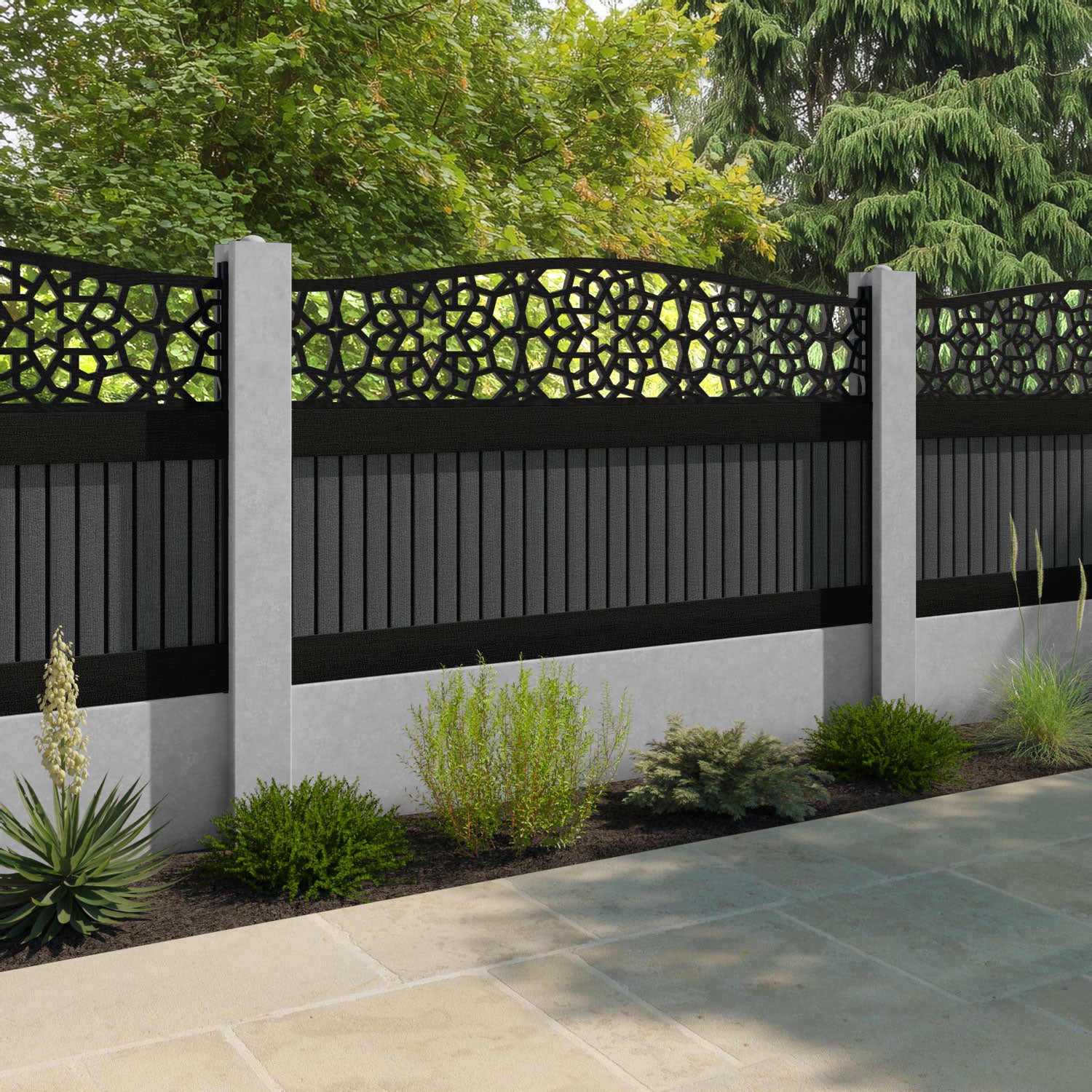 Virtis Nazira Curved Top Fence Panel - Dark Grey - for existing concrete posts
