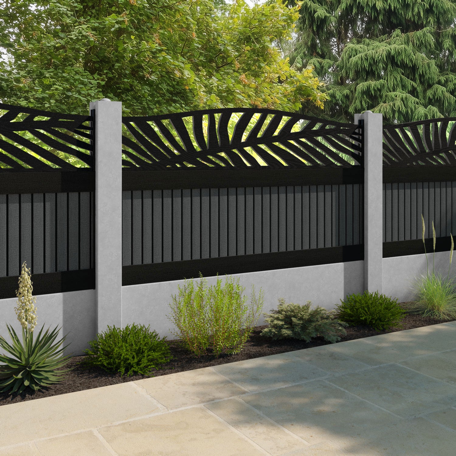 Virtis Palm Curved Top Fence Panel - Dark Grey - for existing concrete posts