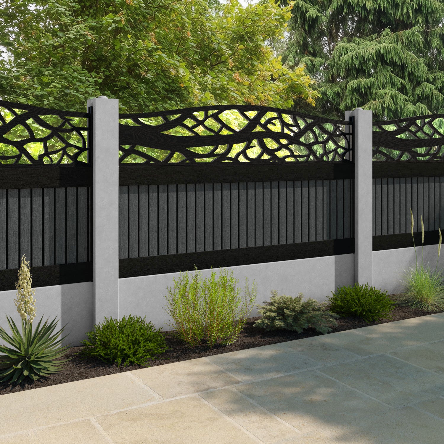 Virtis Twilight Curved Top Fence Panel - Dark Grey - for existing concrete posts