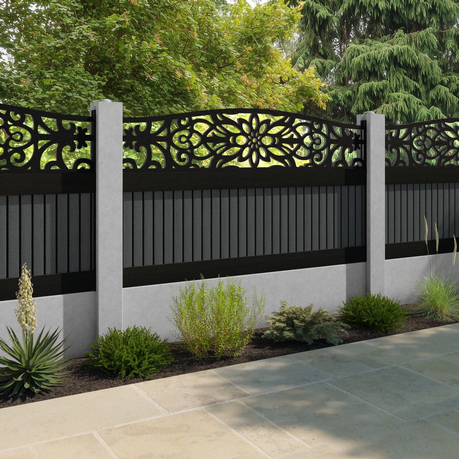 Virtis Windsor Curved Top Fence Panel - Dark Grey - for existing concrete posts
