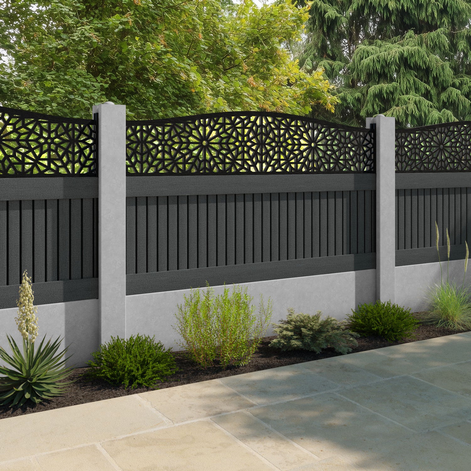 Virtis Alnara Curved Top Fence Panel - Dark Grey - for existing concrete posts
