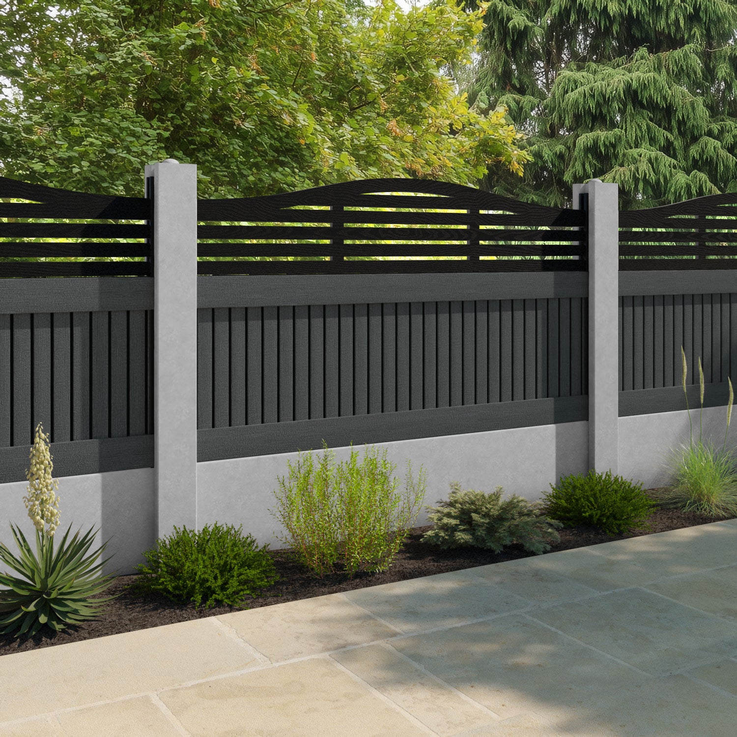 Virtis Aspen Curved Top Fence Panel - Dark Grey - for existing concrete posts