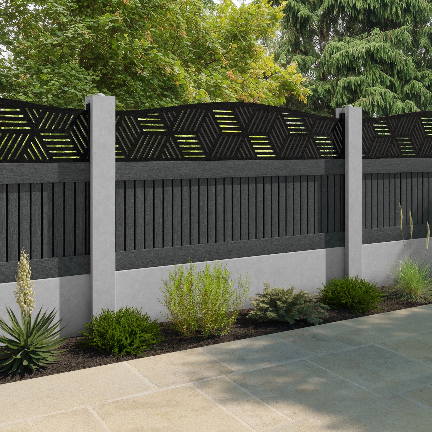 Virtis Cubed Curved Top Fence Panel - Dark Grey - for existing concrete posts