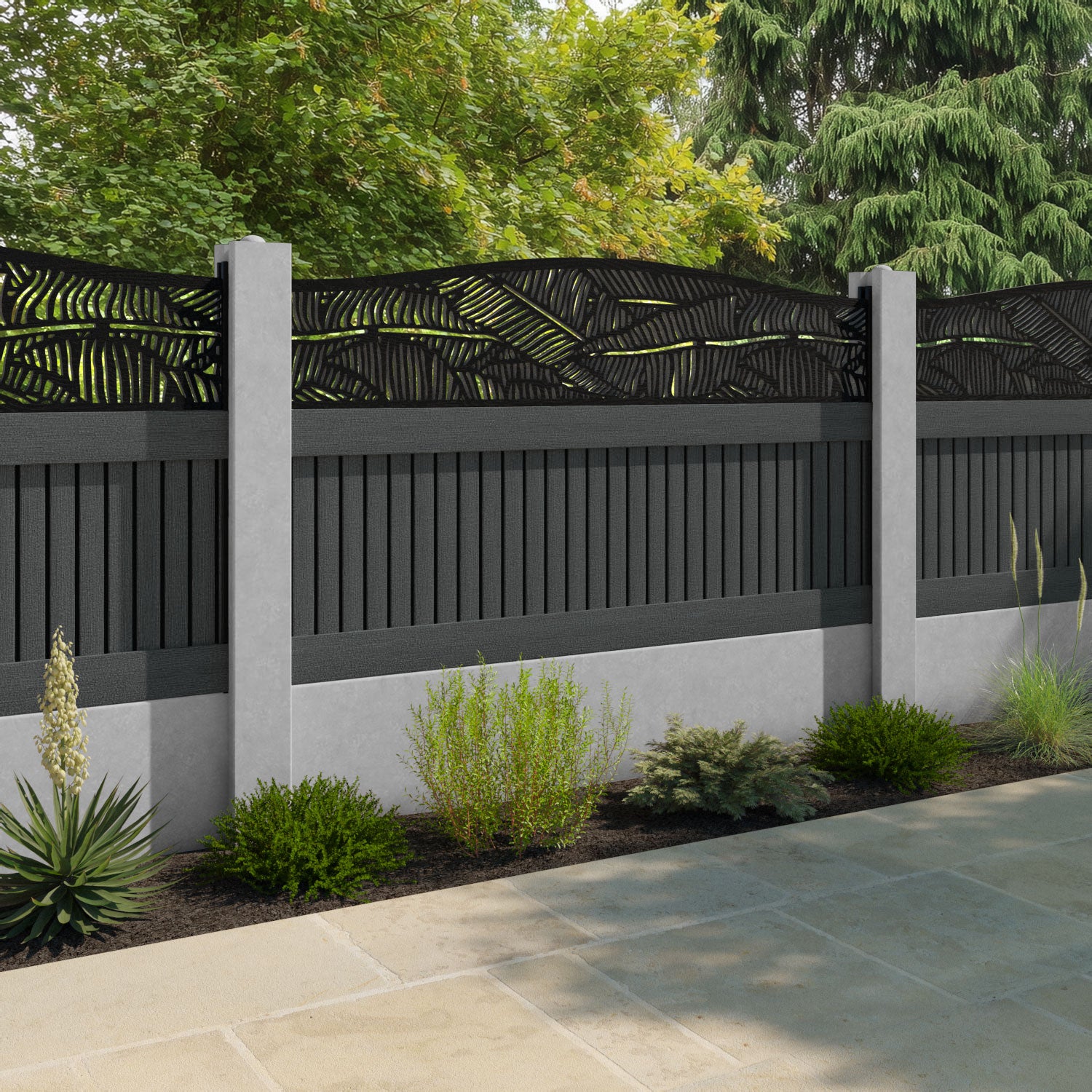 Virtis Feather Curved Top Fence Panel - Dark Grey - for existing concrete posts