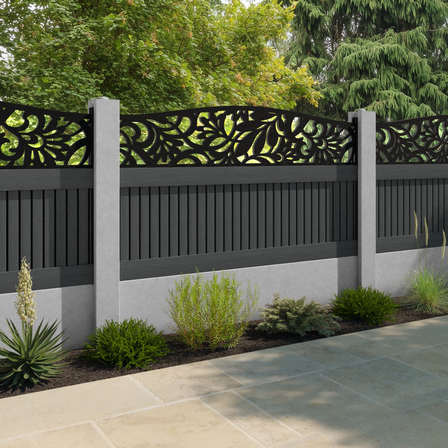 Virtis Heritage Curved Top Fence Panel - Dark Grey - for existing concrete posts