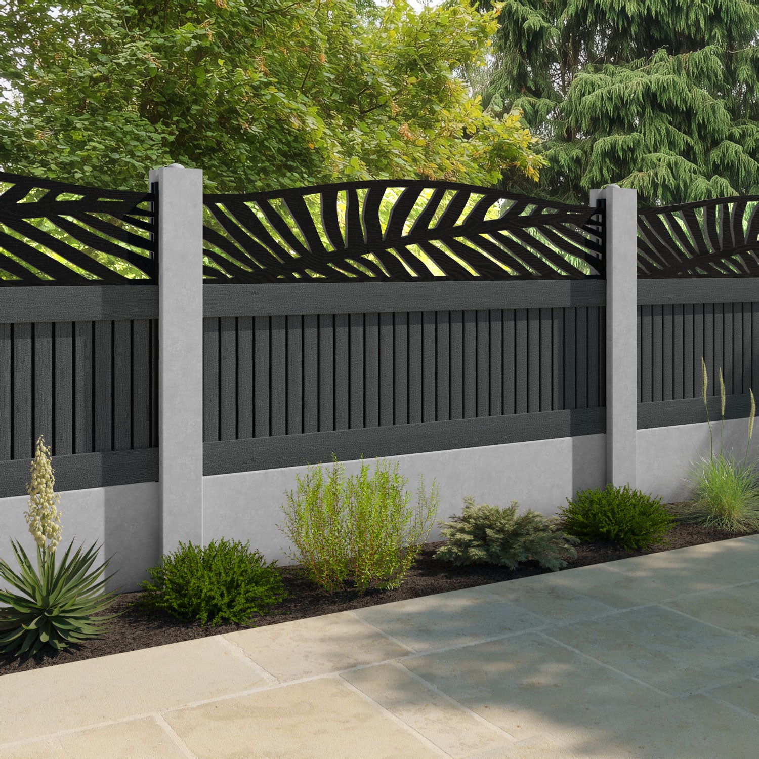 Virtis Palm Curved Top Fence Panel - Dark Grey - for existing concrete posts