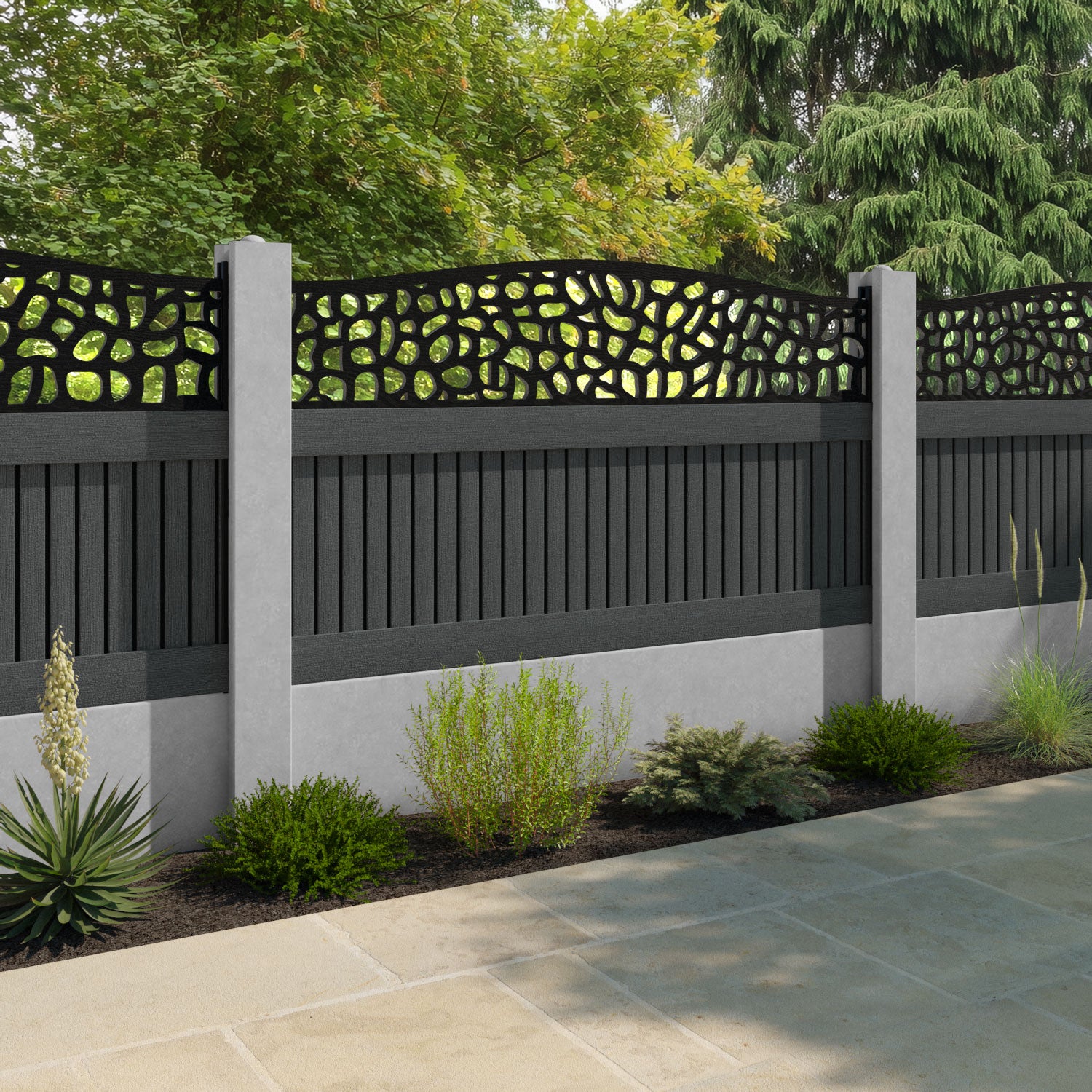 Virtis Pebble Curved Top Fence Panel - Dark Grey - for existing concrete posts