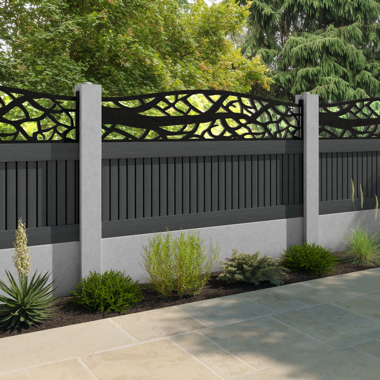 Virtis Twilight Curved Top Fence Panel - Dark Grey - for existing concrete posts