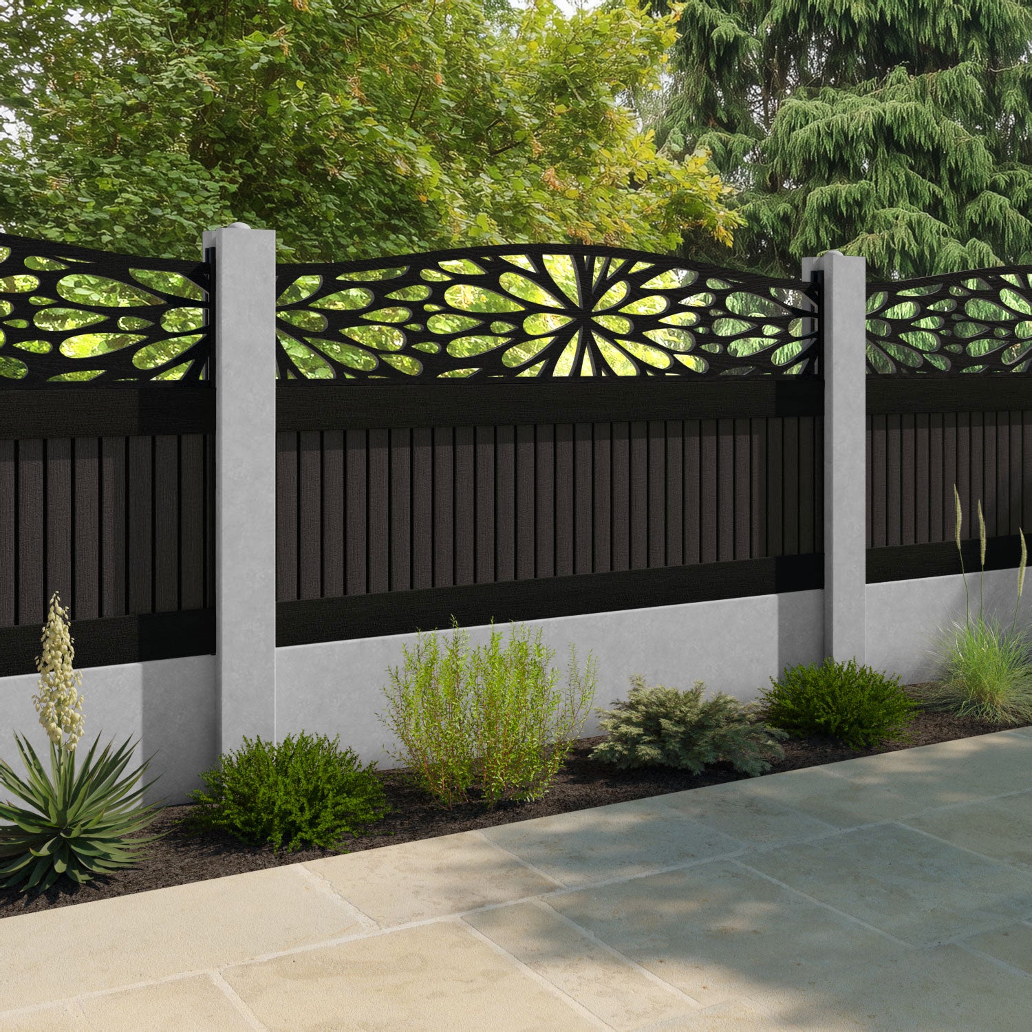 Virtis Blossom Curved Top Fence Panel - Dark Oak - for existing concrete posts