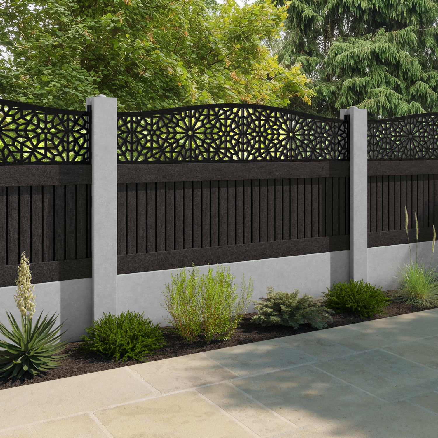 Virtis Alnara Curved Top Fence Panel - Dark Oak - for existing concrete posts