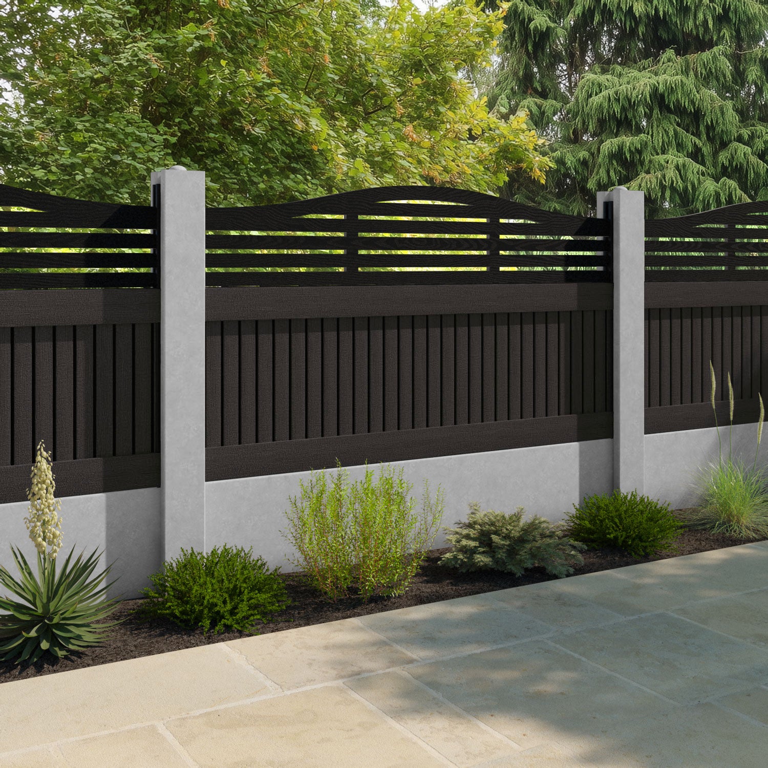 Virtis Aspen Curved Top Fence Panel - Dark Oak - for existing concrete posts