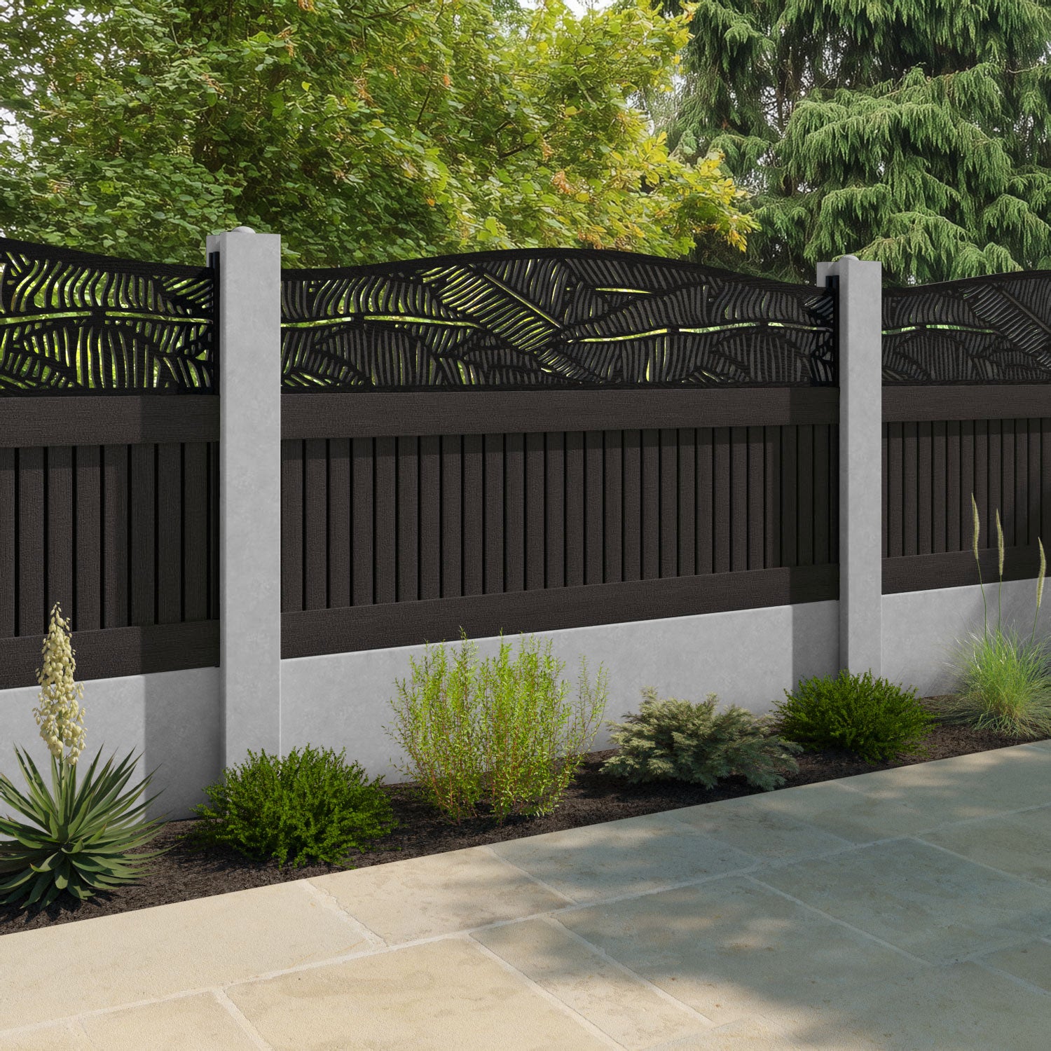 Virtis Feather Curved Top Fence Panel - Dark Oak - for existing concrete posts