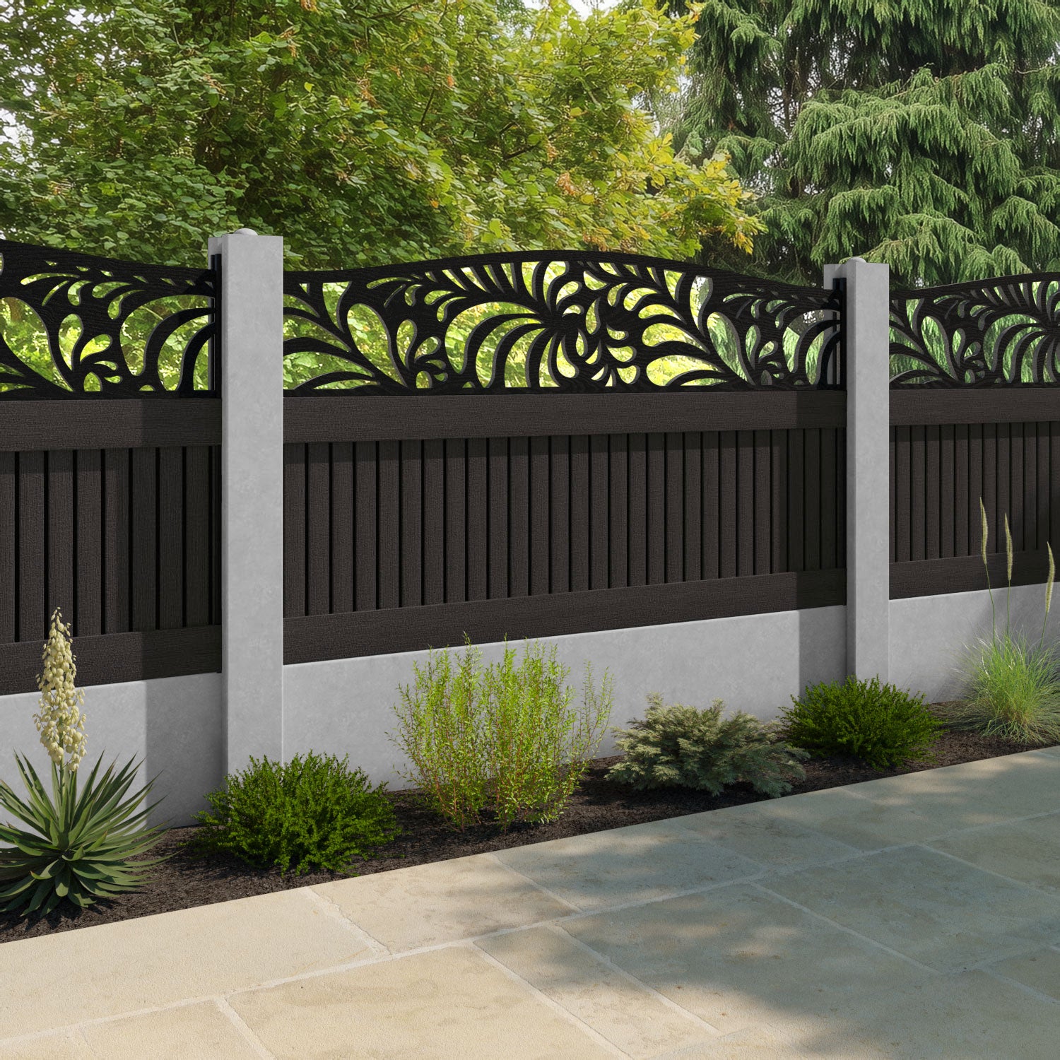 Virtis Petal Curved Top Fence Panel - Dark Oak - for existing concrete posts
