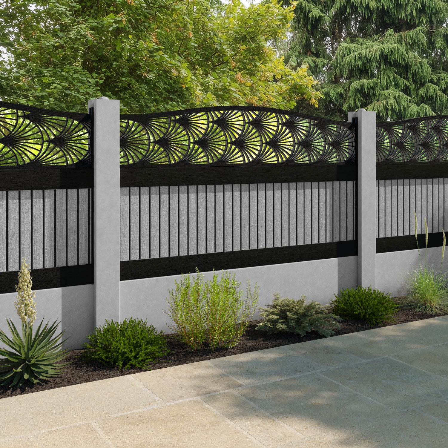 Virtis Laurel Curved Top Fence Panel - Light Grey - for existing concrete posts