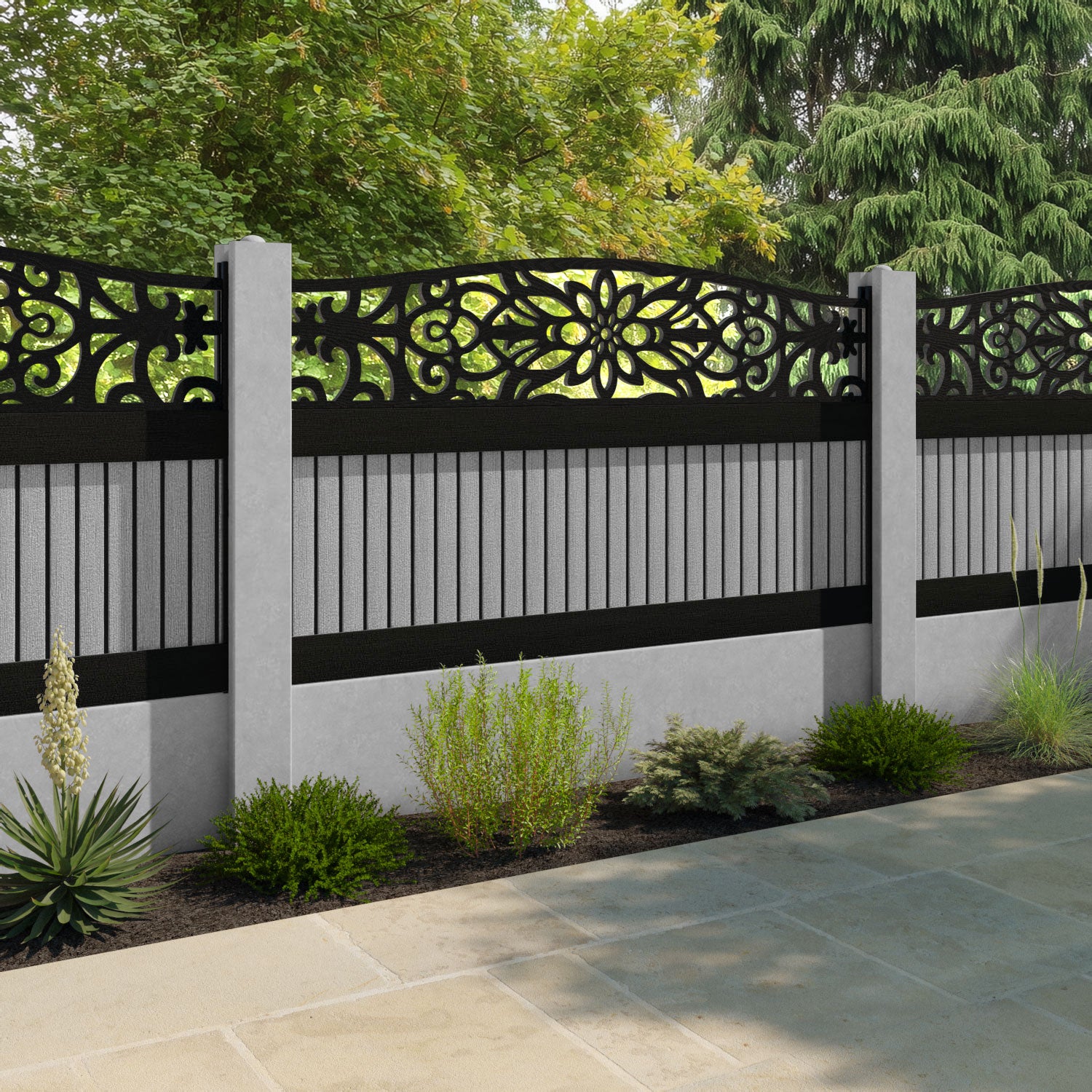 Virtis Windsor Curved Top Fence Panel - Light Grey - for existing concrete posts