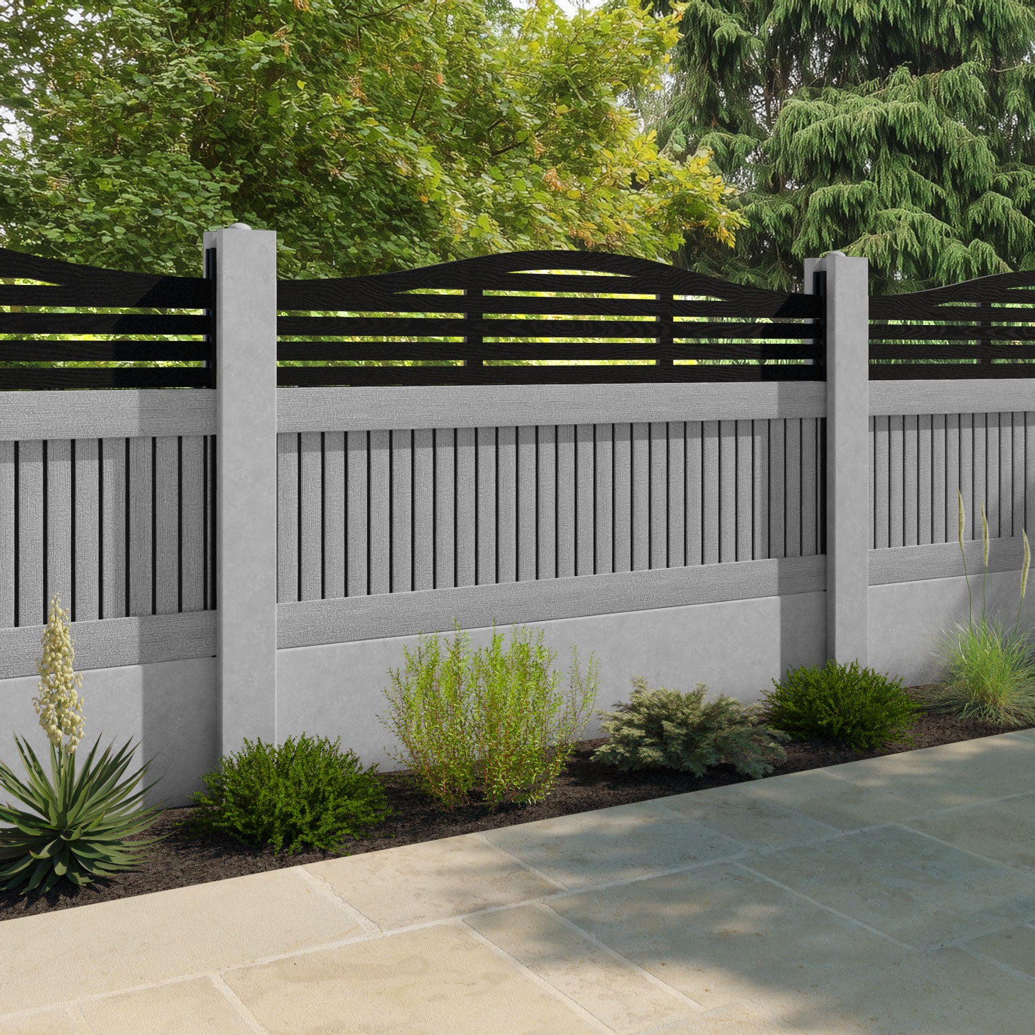Virtis Aspen Curved Top Fence Panel - Light Grey - for existing concrete posts