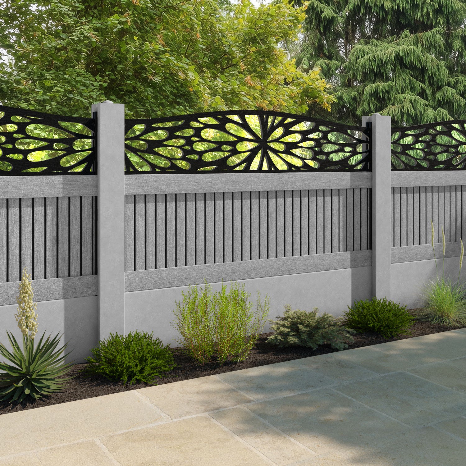 Virtis Blossom Curved Top Fence Panel - Light Grey - for existing concrete posts
