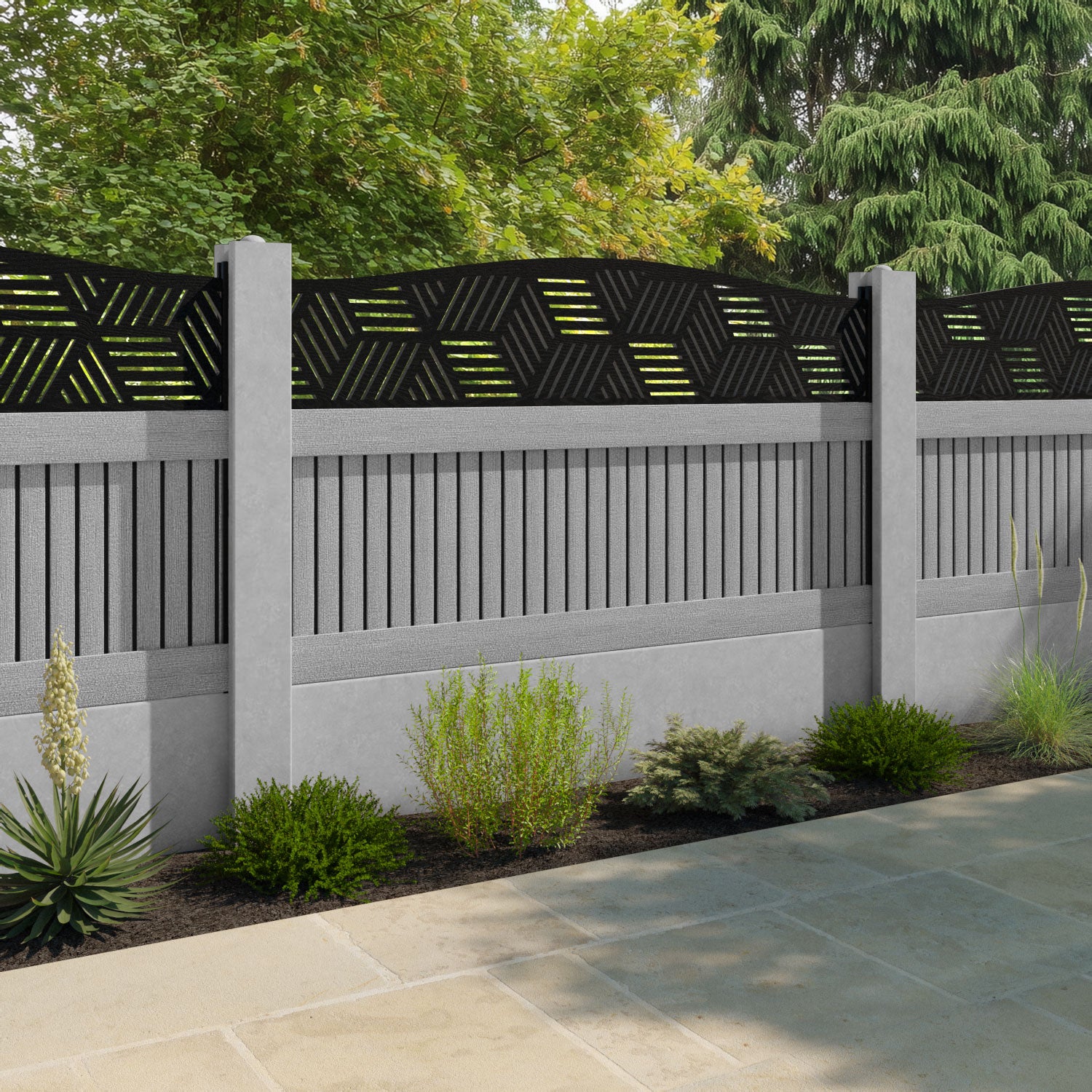 Virtis Cubed Curved Top Fence Panel - Light Grey - for existing concrete posts