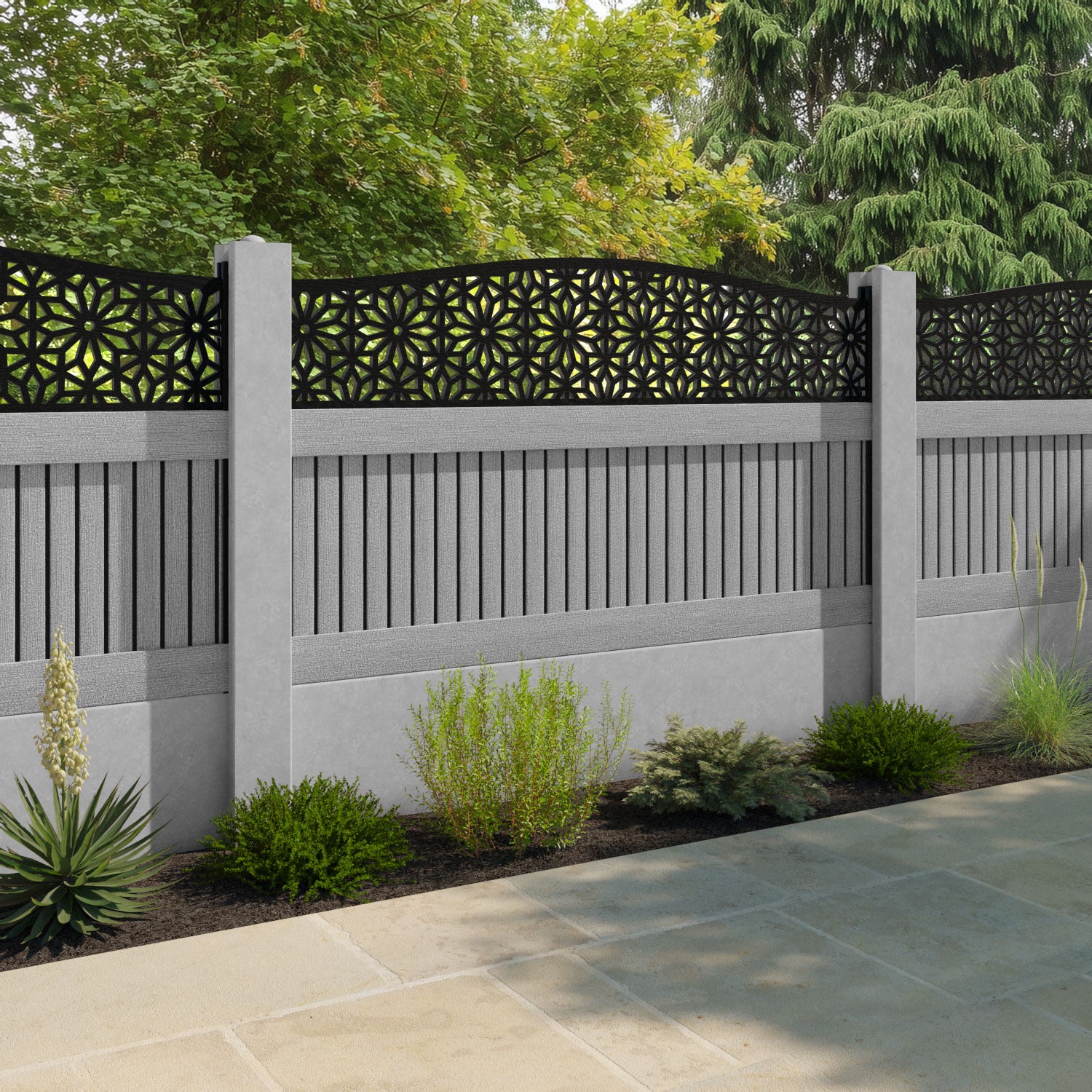 Virtis Narwa Curved Top Fence Panel - Light Grey - for existing concrete posts