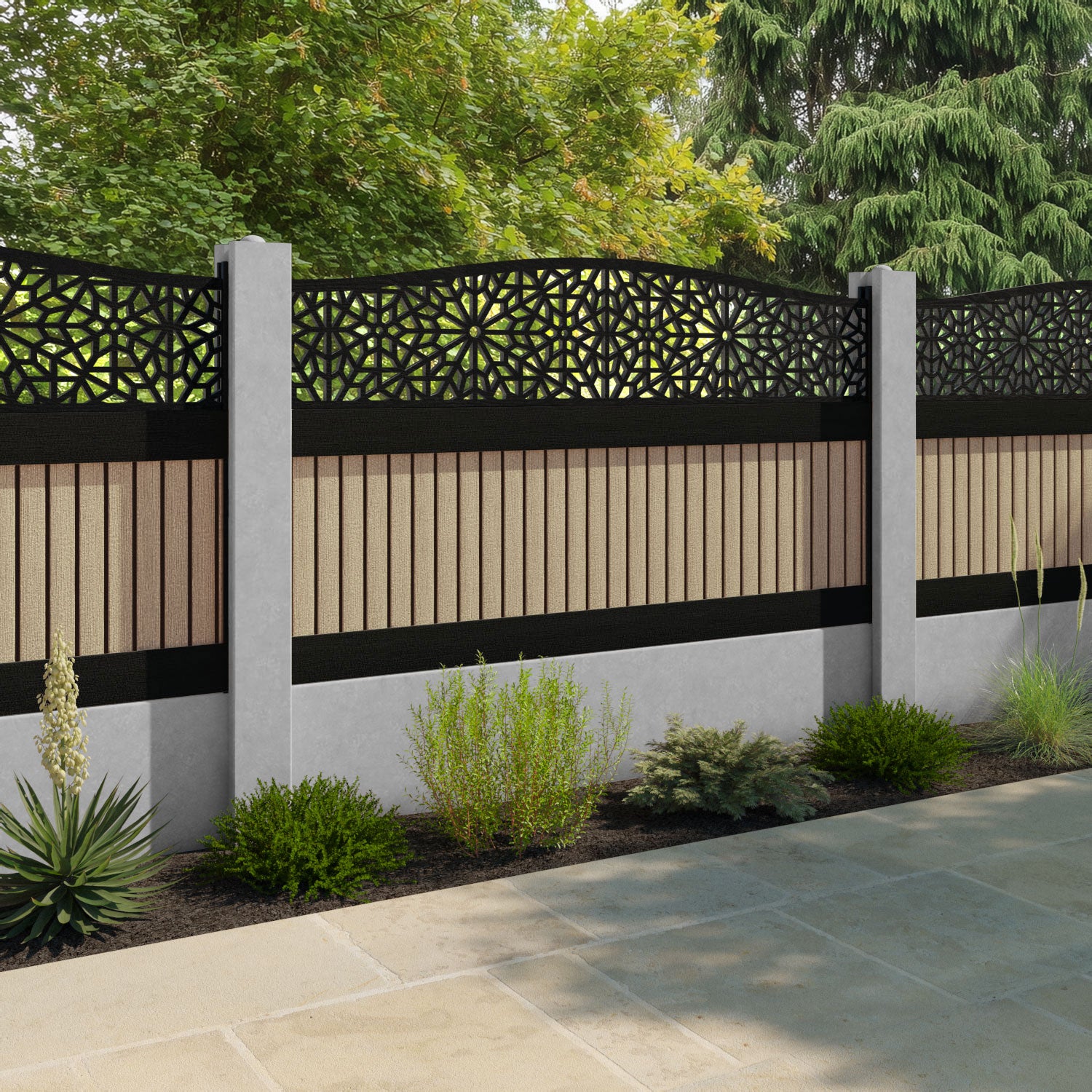 Virtis Alnara Curved Top Fence Panel - Light Oak - for existing concrete posts