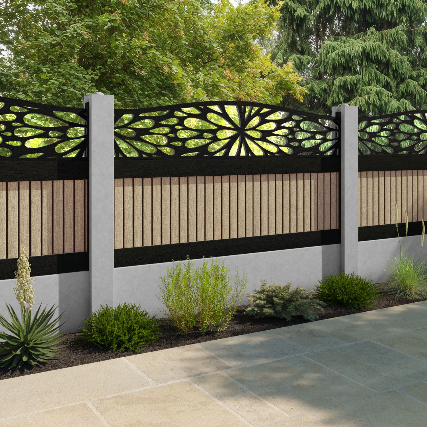 Virtis Blossom Curved Top Fence Panel - Light Oak - for existing concrete posts