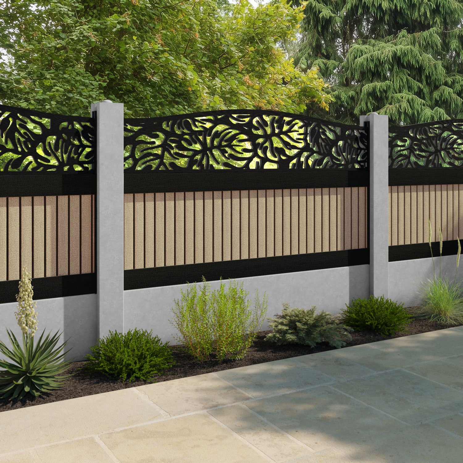 Virtis Botanic Curved Top Fence Panel - Light Oak - for existing concrete posts