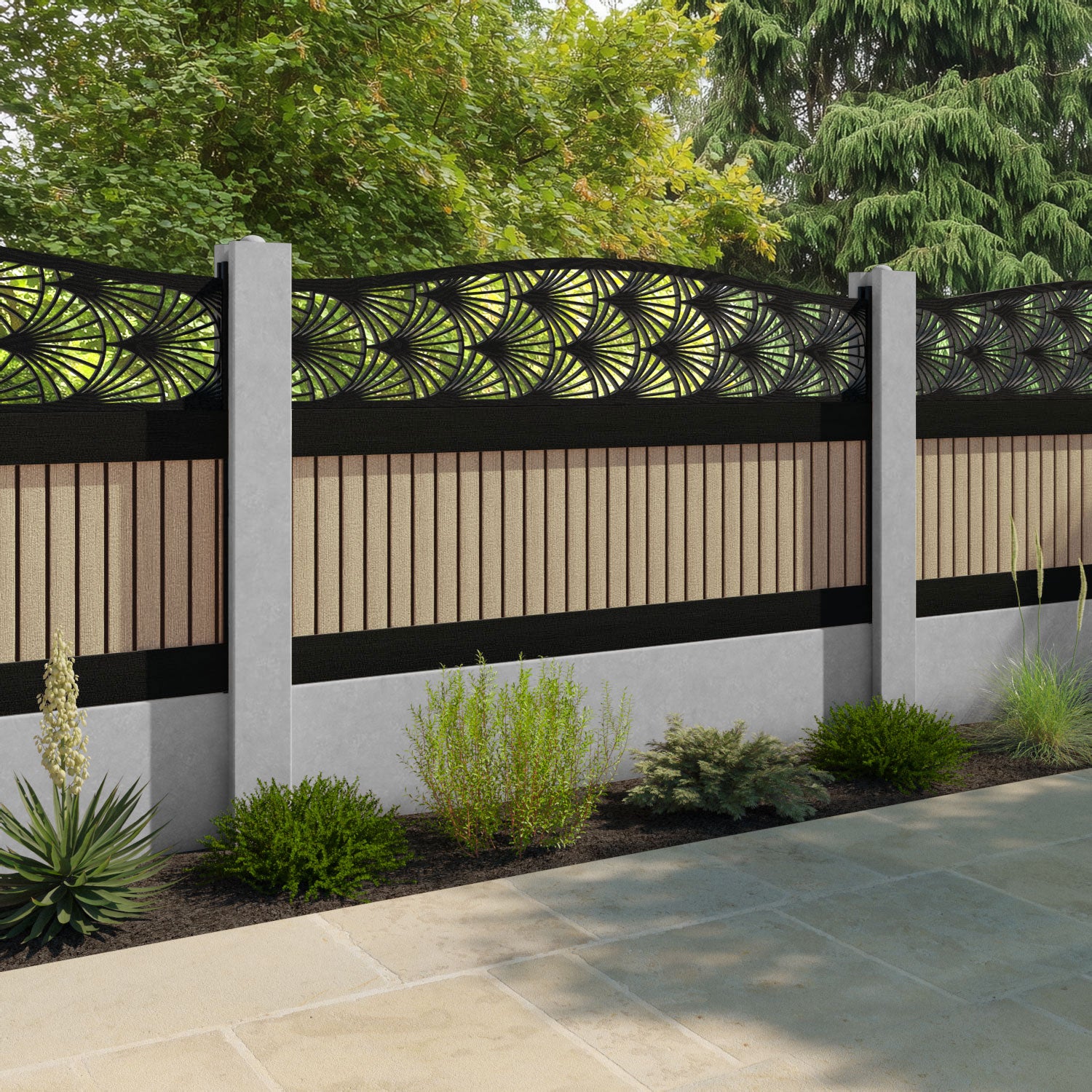 Virtis Laurel Curved Top Fence Panel - Light Oak - for existing concrete posts